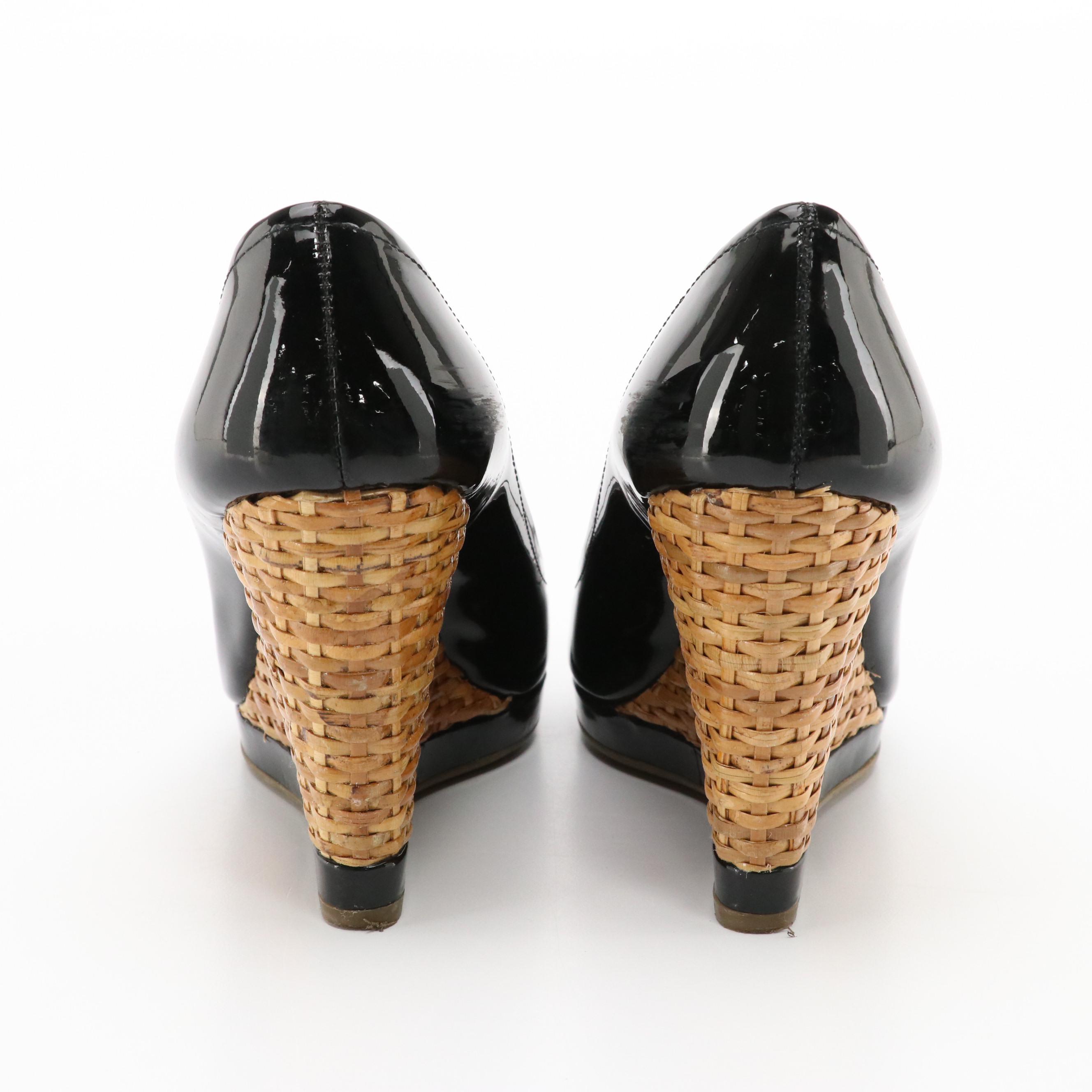 Prada Wicker Woven Peep-Toe Wedges in Black Patent Leather, with Box