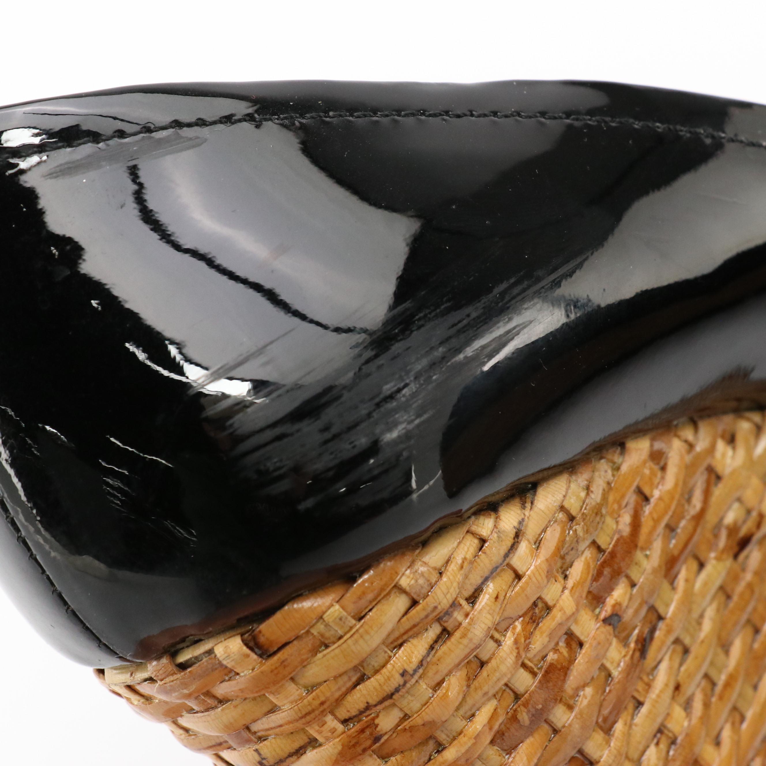 Prada Wicker Woven Peep-Toe Wedges in Black Patent Leather, with Box