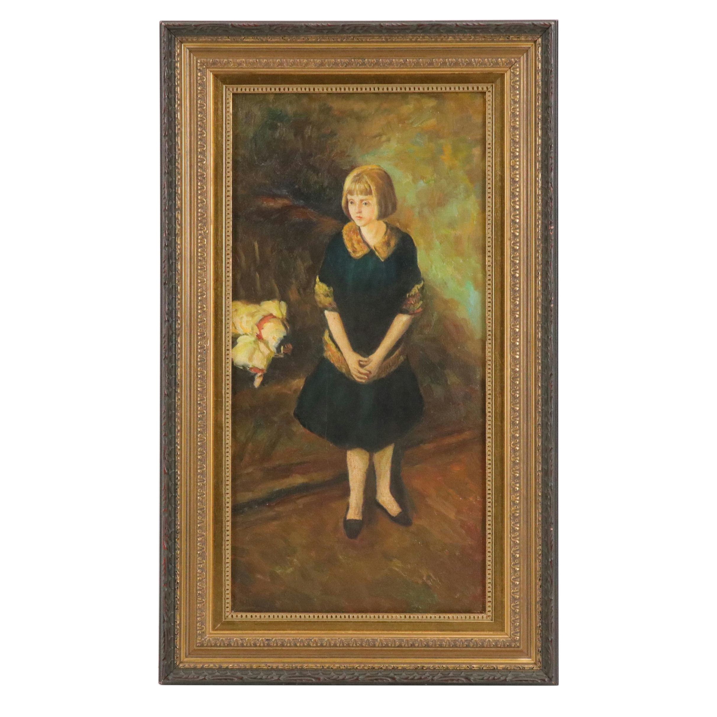 Portrait Oil Painting of Standing Young Girl in Black Dress