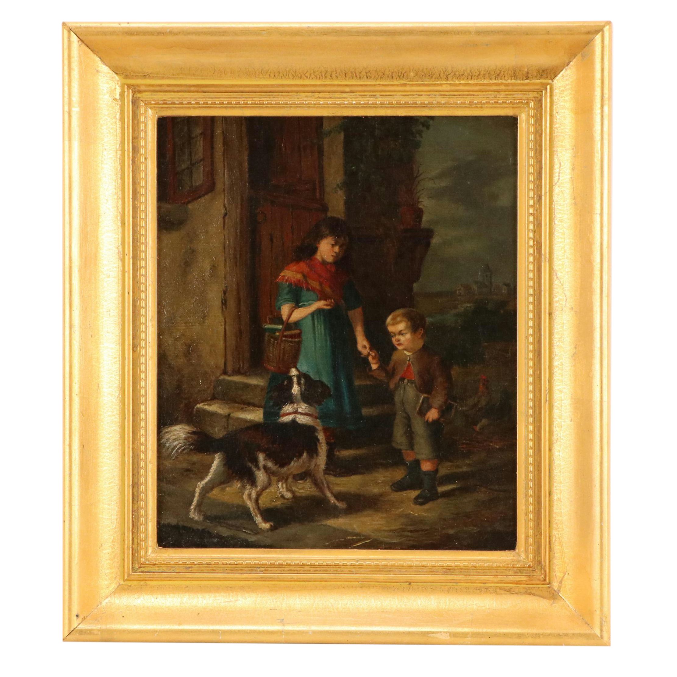 After Hans Sutter Oil Painting "Siblings," 19th Century