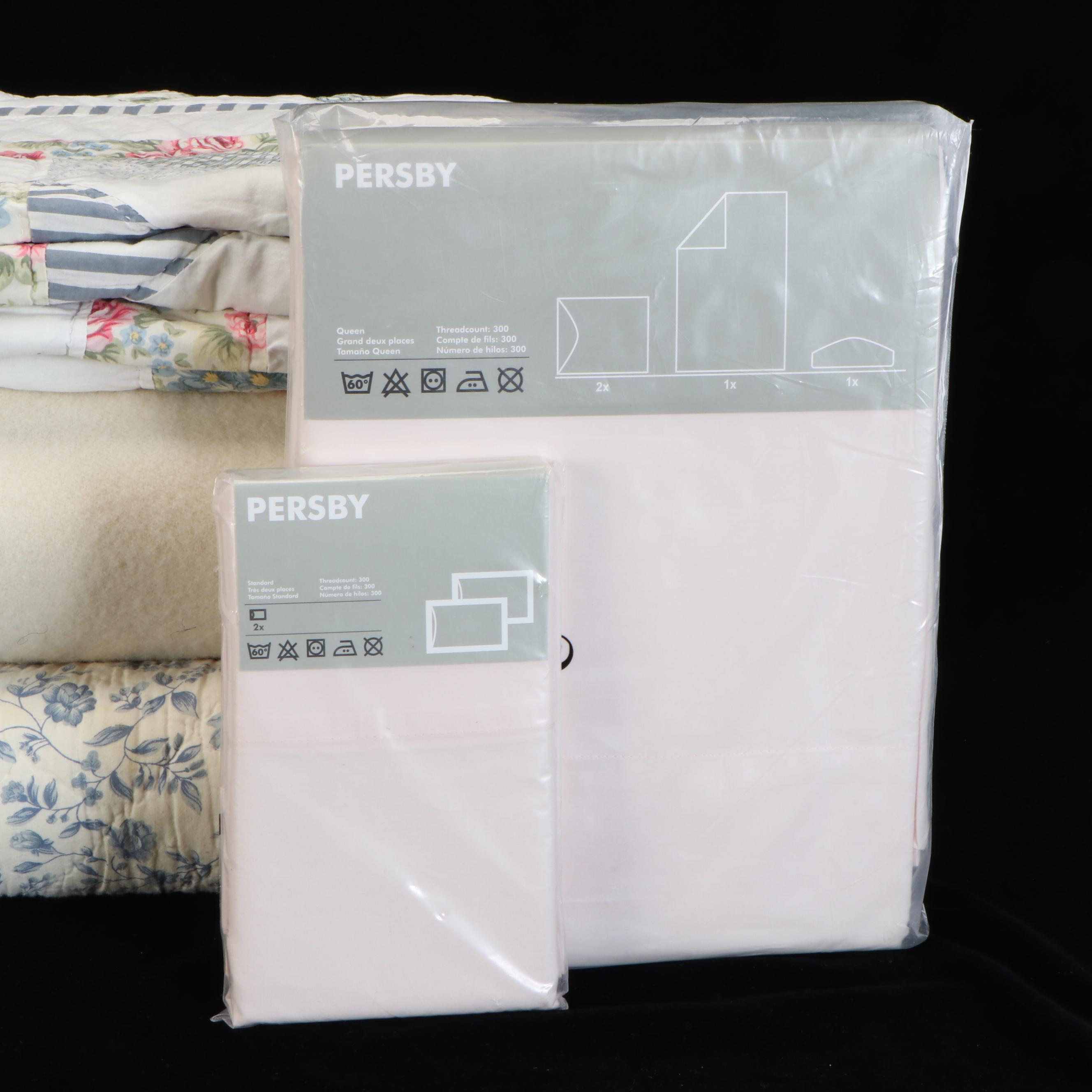 IKEA Persby Queen Sheet Set with Impressions and Other Quilts, Faribault Blanket