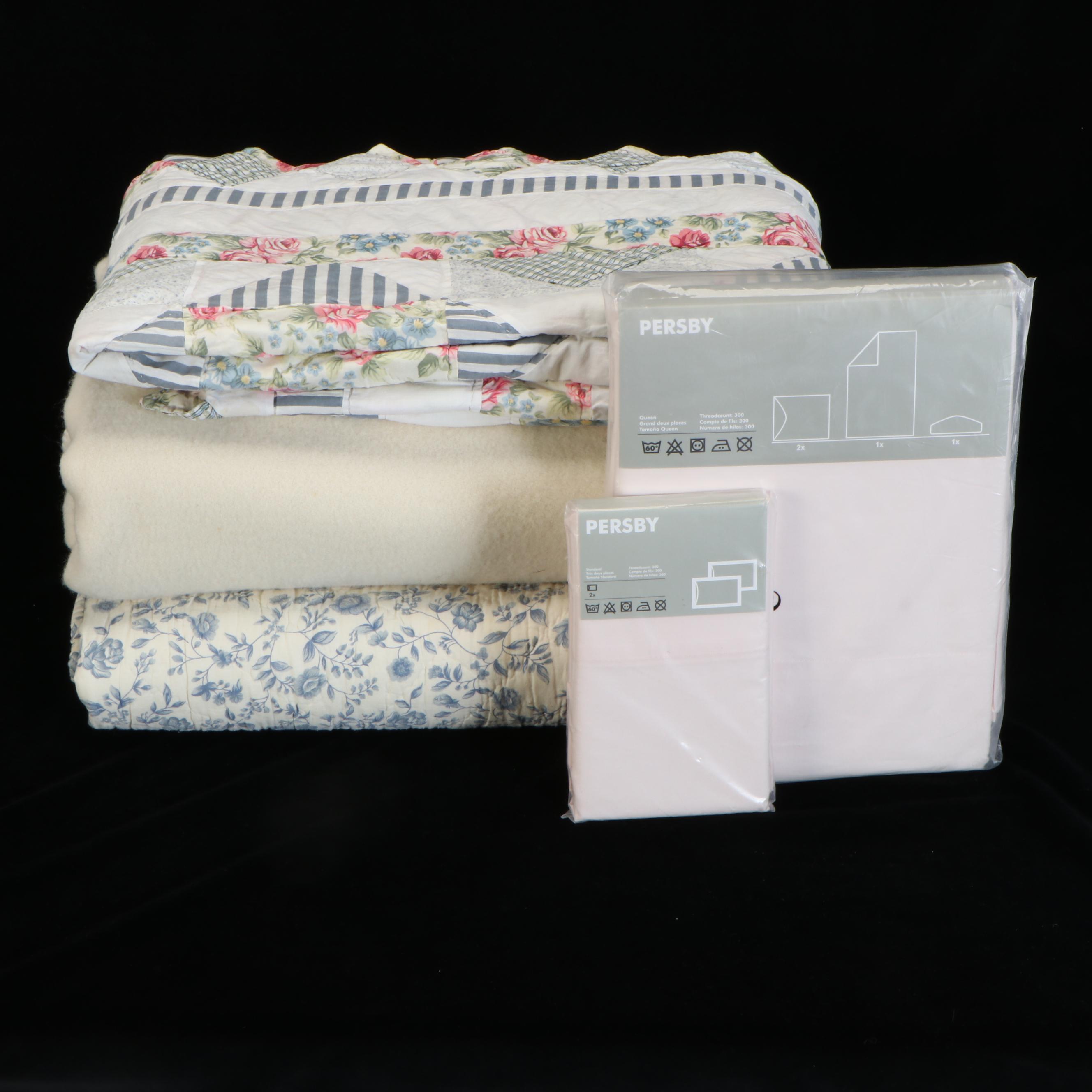 IKEA Persby Queen Sheet Set with Impressions and Other Quilts, Faribault Blanket