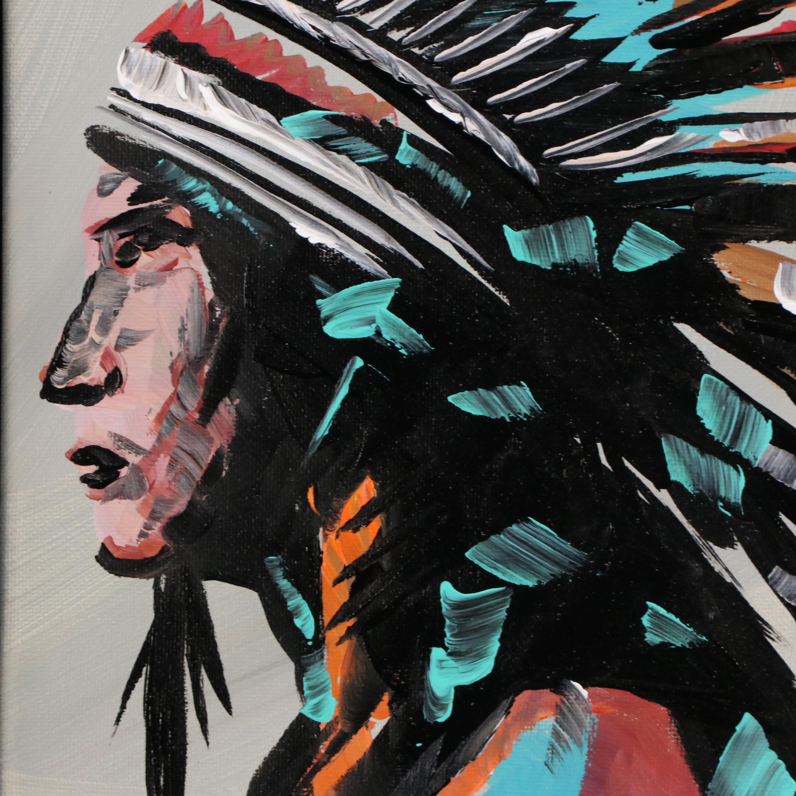Corbellic Stylized Acrylic Portrait of Native American, 2025