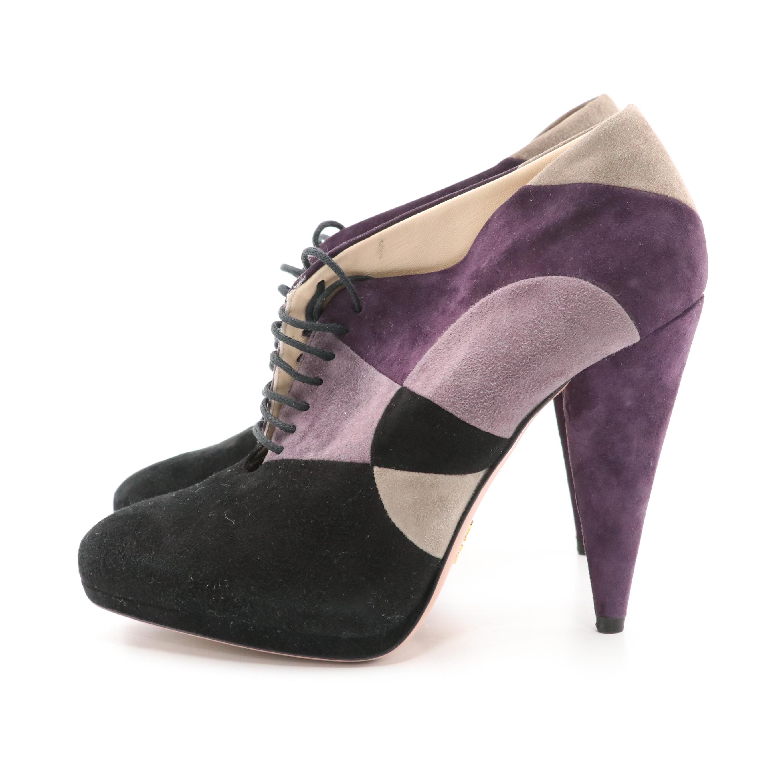 Prada Lace Up Platform Booties in Multicolor Suede with Box