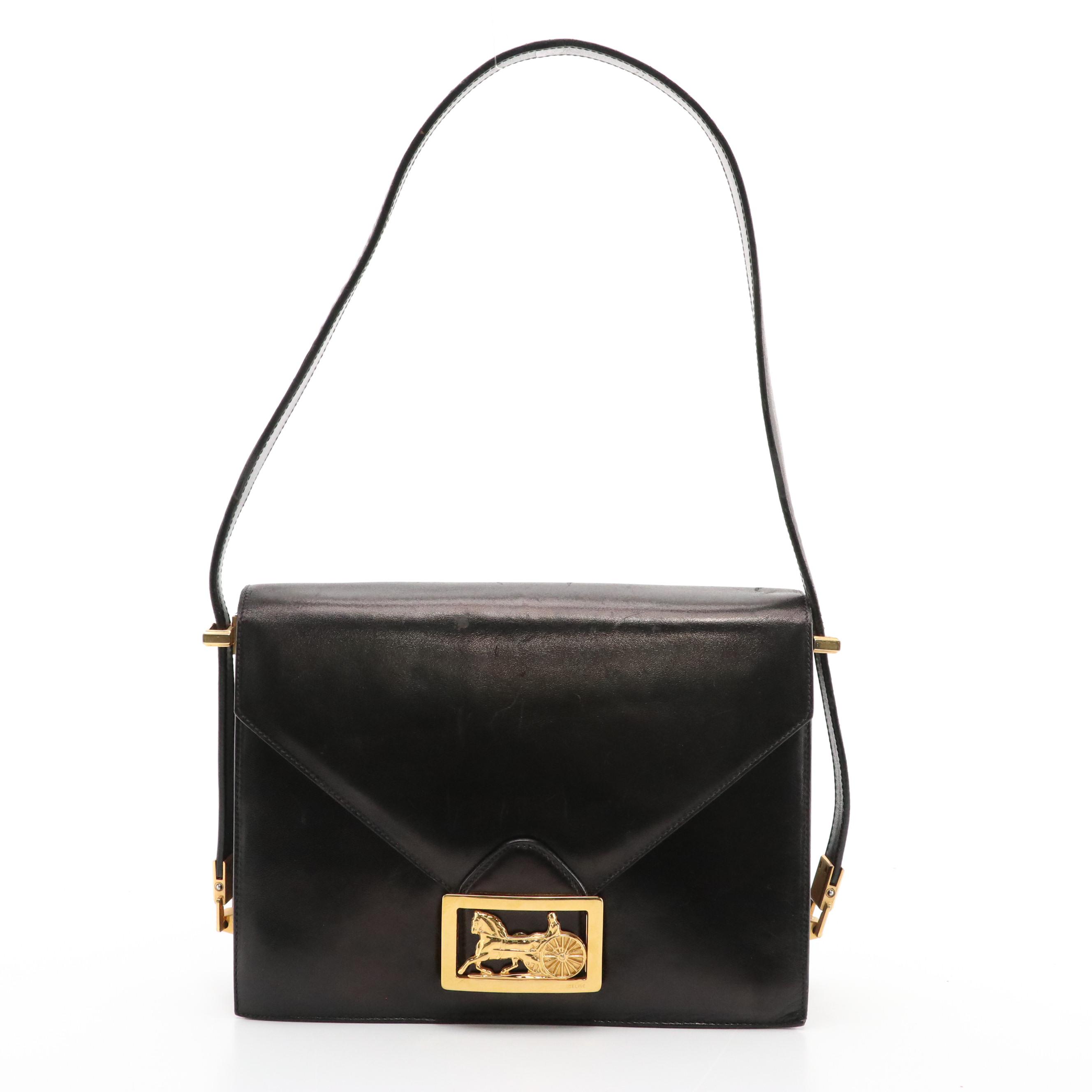 Celine Envelope Flap Carriage Buckle Shoulder Bag in Black Leather
