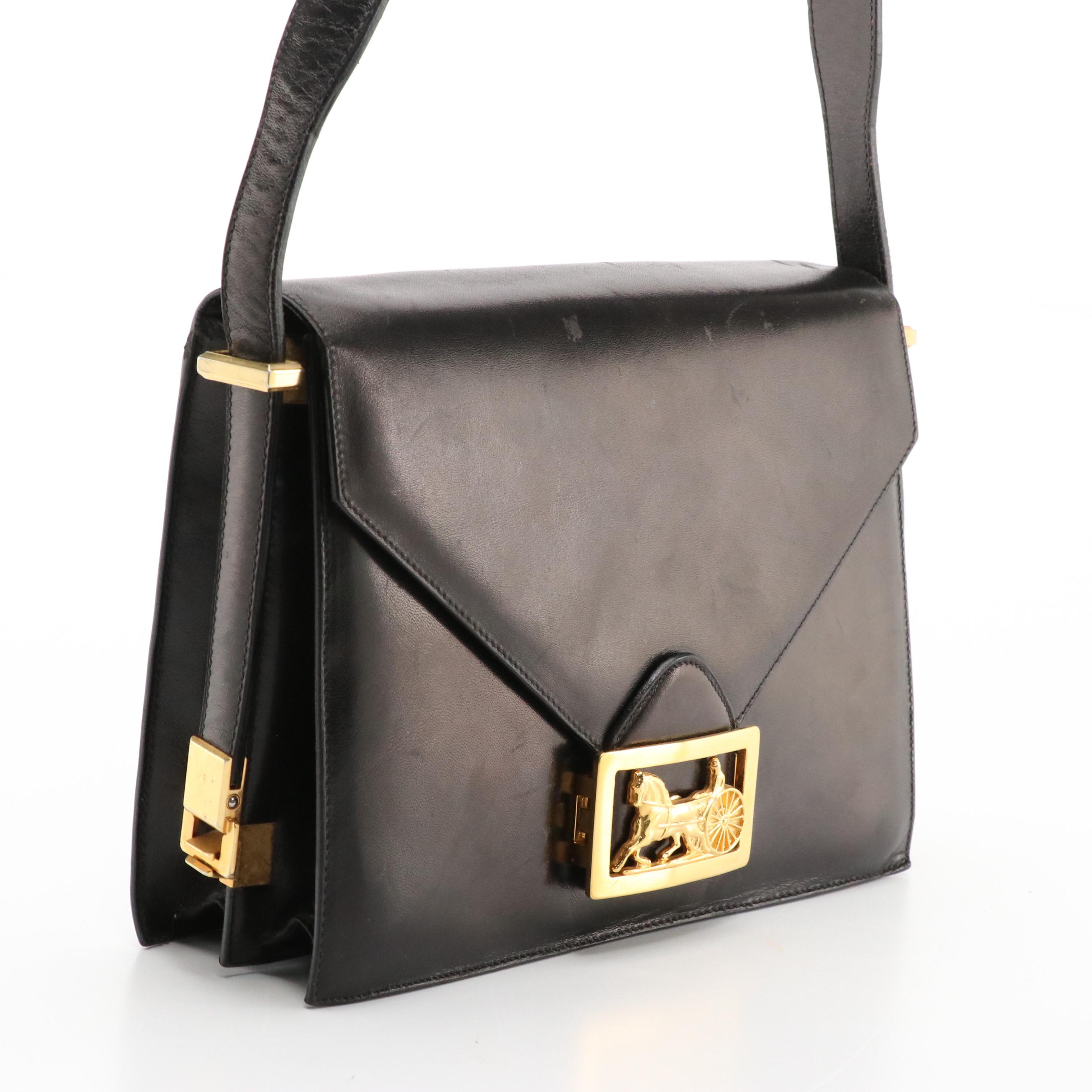 Celine Envelope Flap Carriage Buckle Shoulder Bag in Black Leather