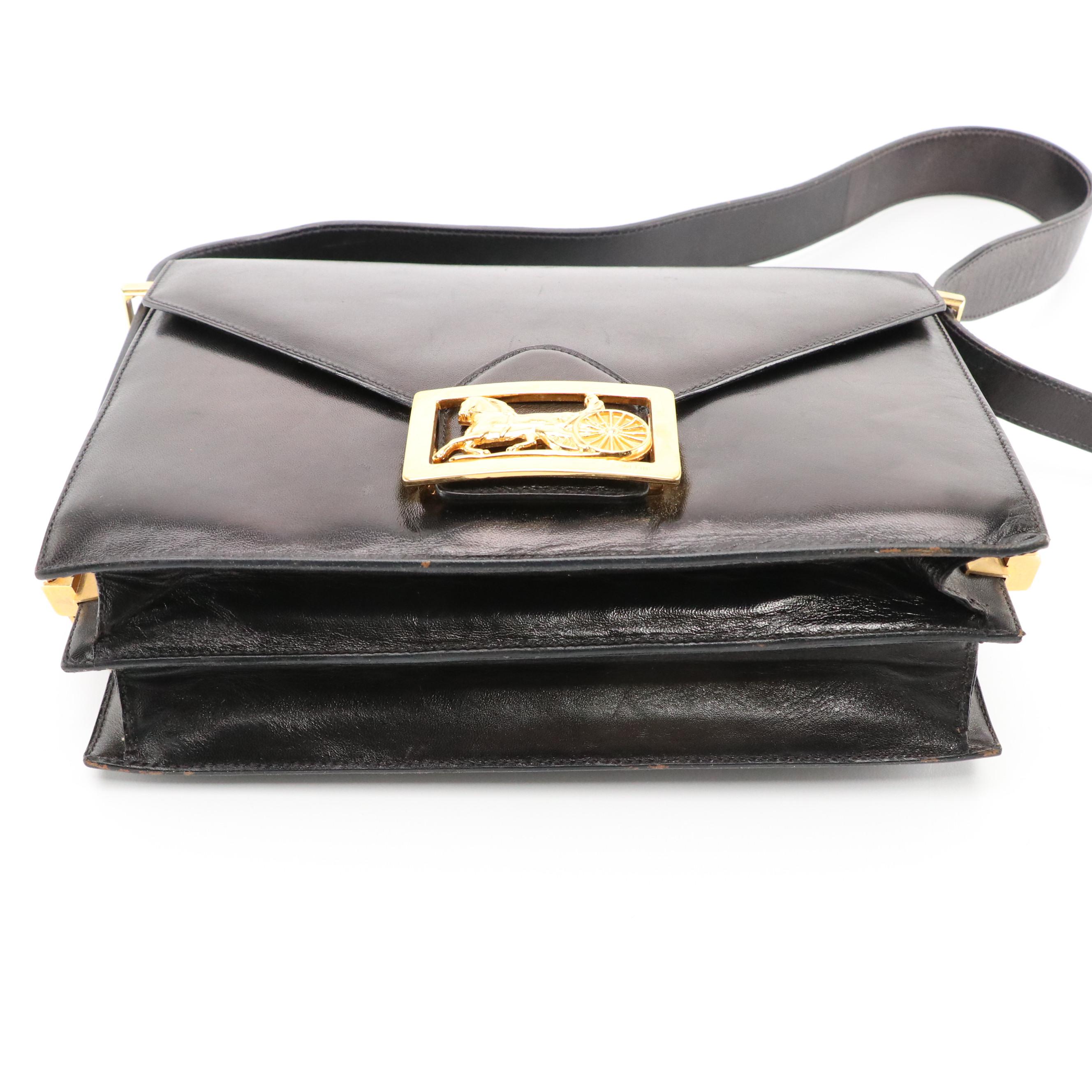 Celine Envelope Flap Carriage Buckle Shoulder Bag in Black Leather