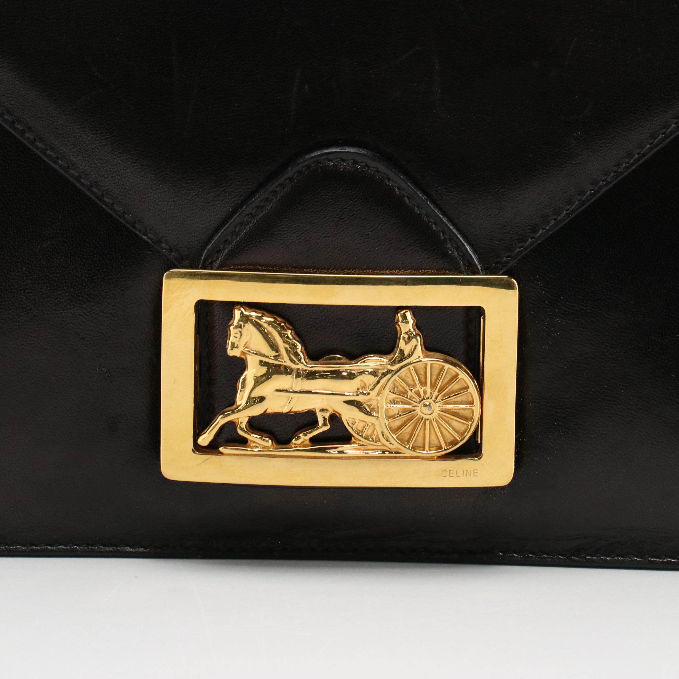 Celine Envelope Flap Carriage Buckle Shoulder Bag in Black Leather