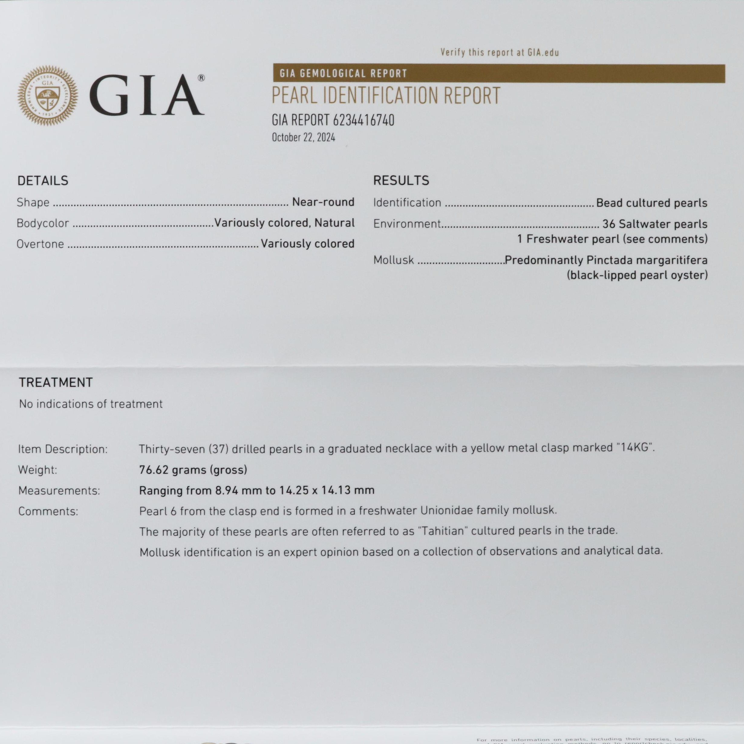 Graduated Pearl Necklace with 14K Clasp, GIA Report and Tahitian Pearls