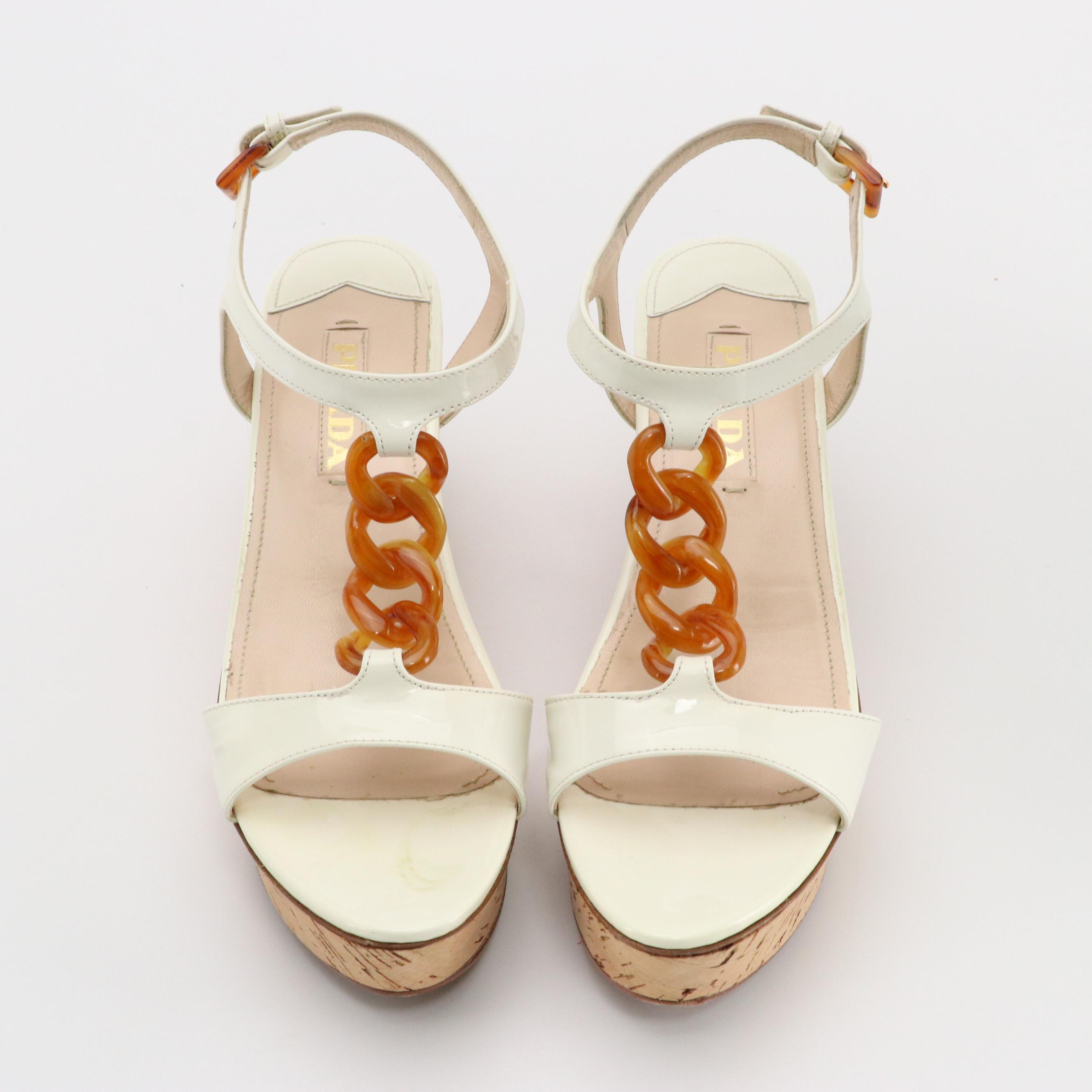 Prada Chain T Bar Wedge Sandals in White Patent Leather and Cork