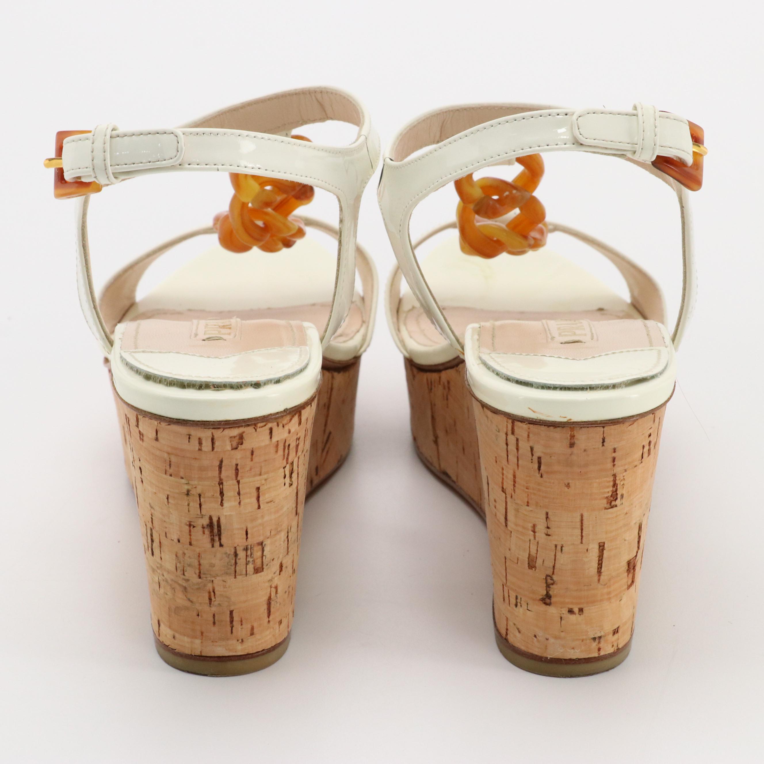 Prada Chain T Bar Wedge Sandals in White Patent Leather and Cork