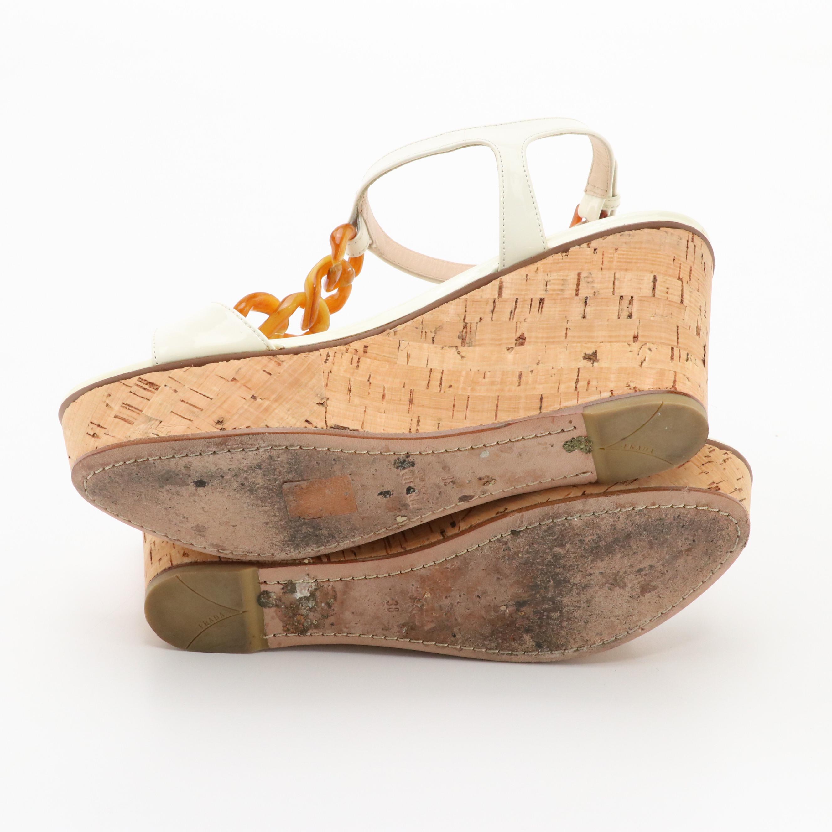 Prada Chain T Bar Wedge Sandals in White Patent Leather and Cork