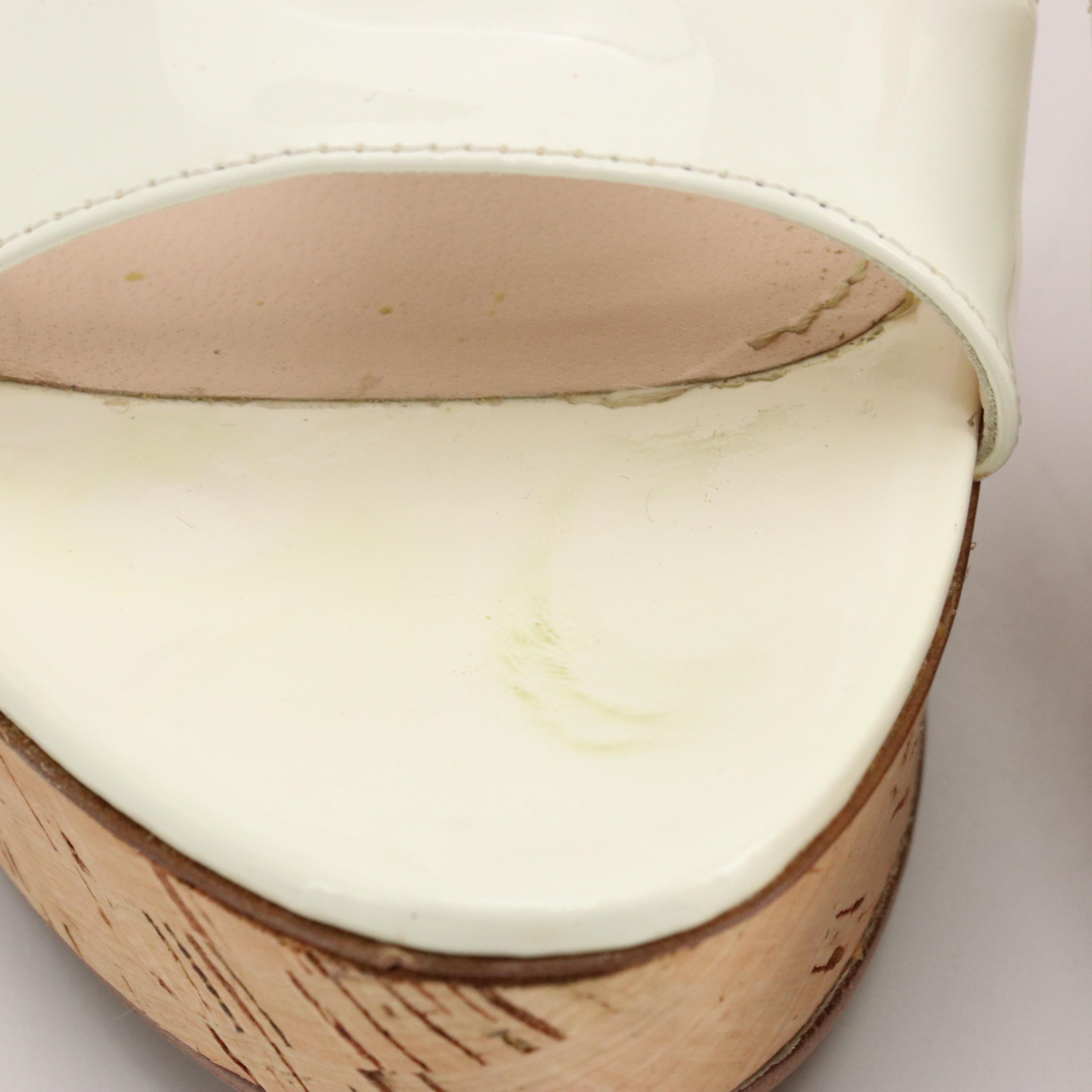 Prada Chain T Bar Wedge Sandals in White Patent Leather and Cork