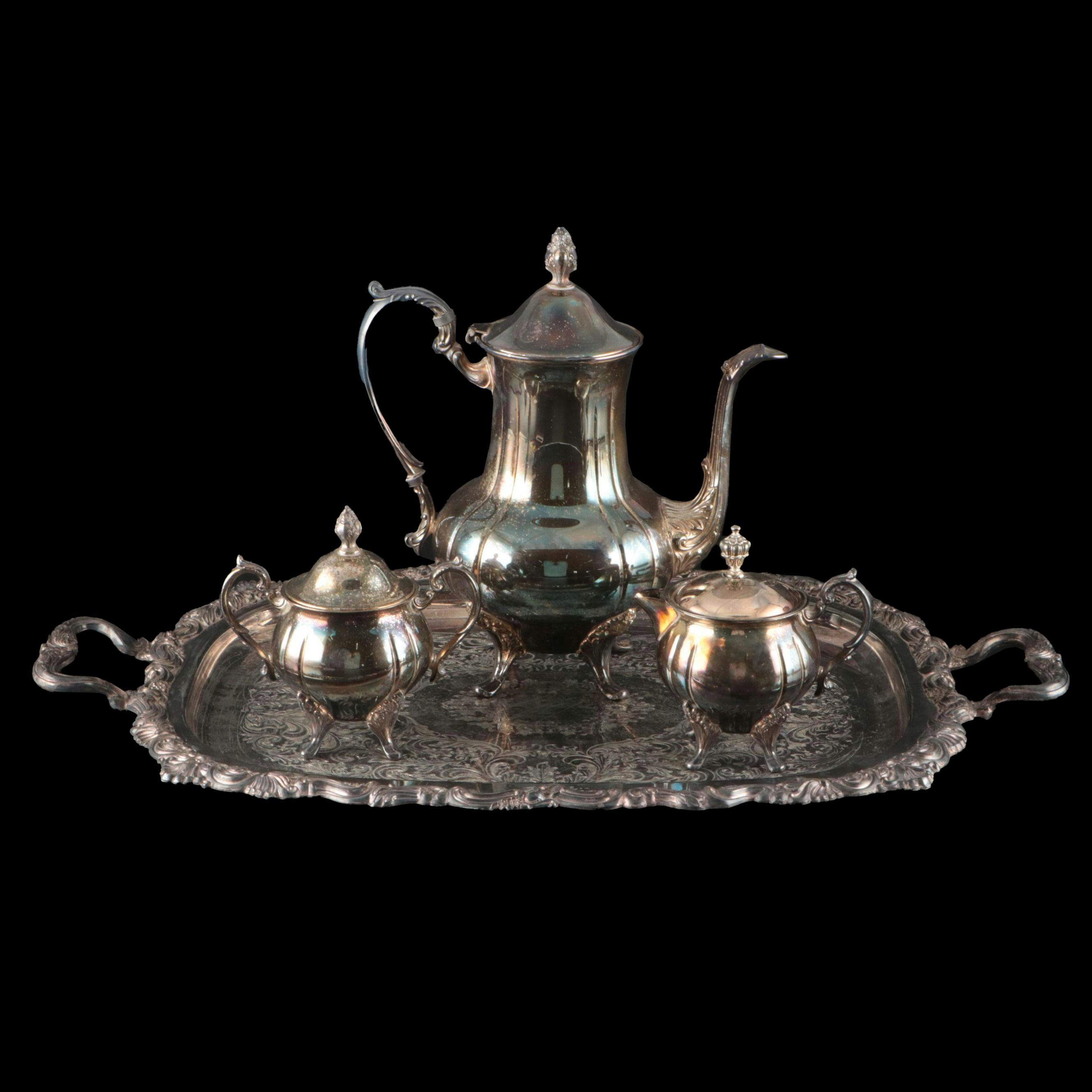 Sheridan Silver Plate Teapot, Creamer, and Sugar Bowl with Serving Tray