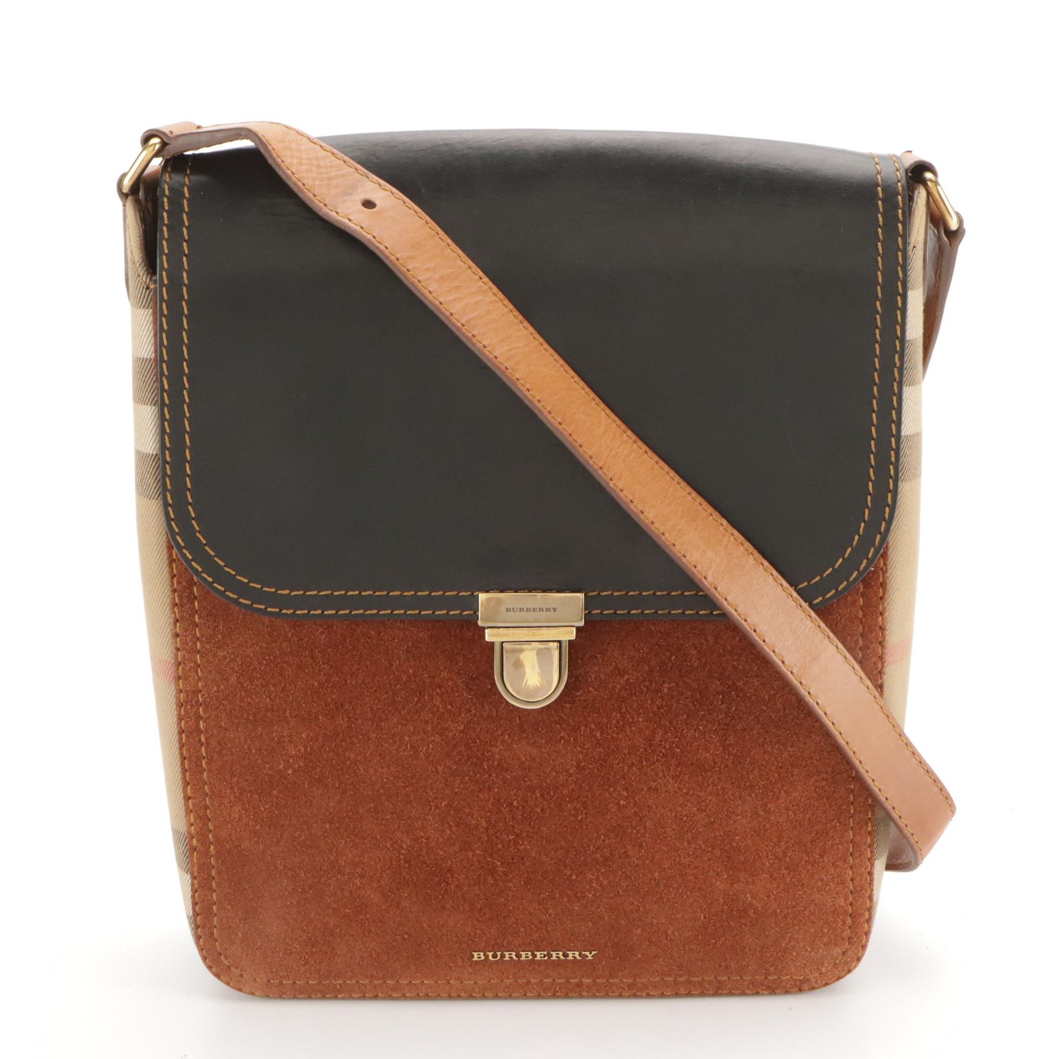 Burberry Saddle Crossbody Bag in Black Leather, Brown Suede & Check Canvas