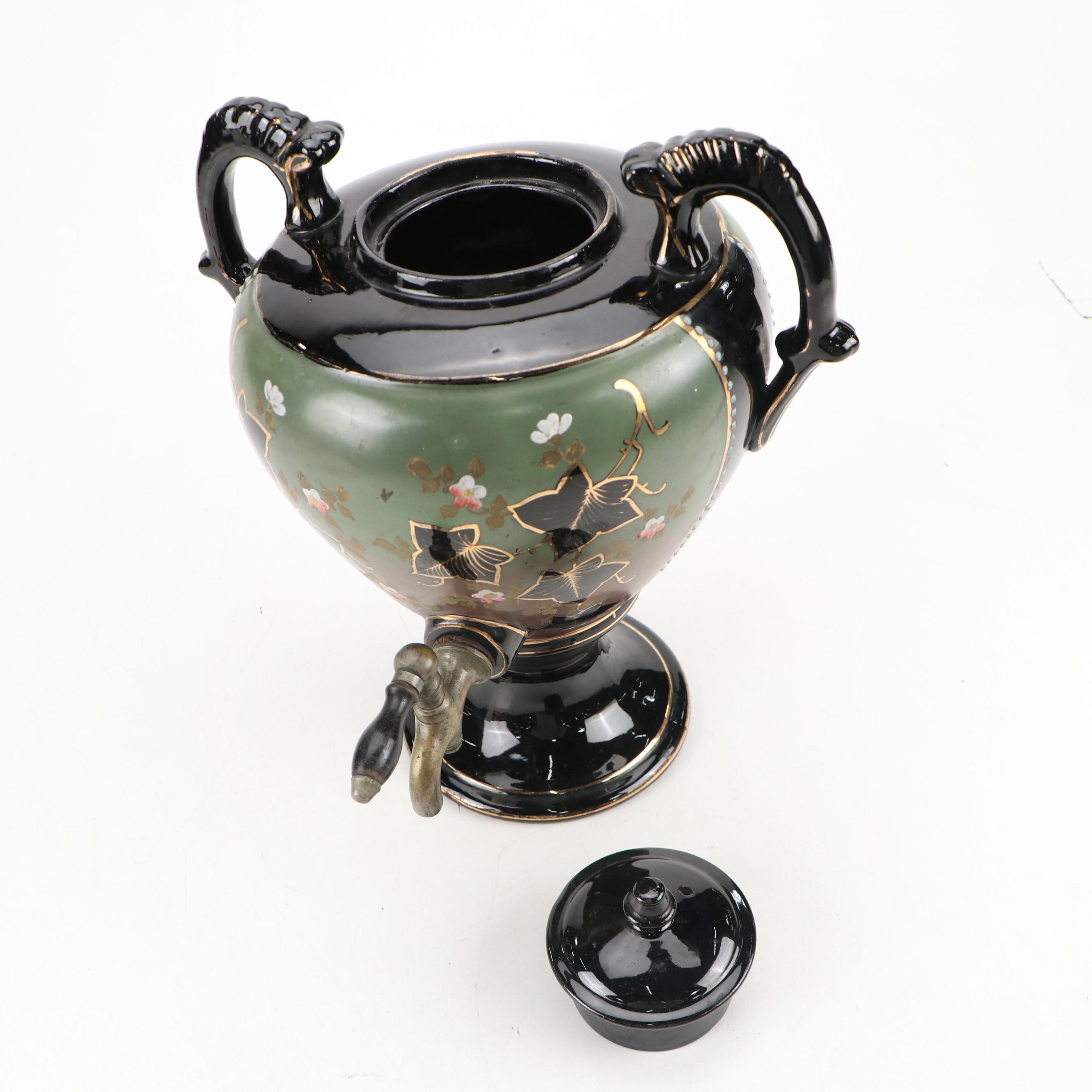 English Black Lusterware Ceramic Tea Urn, Late 19th/Early 20th Century
