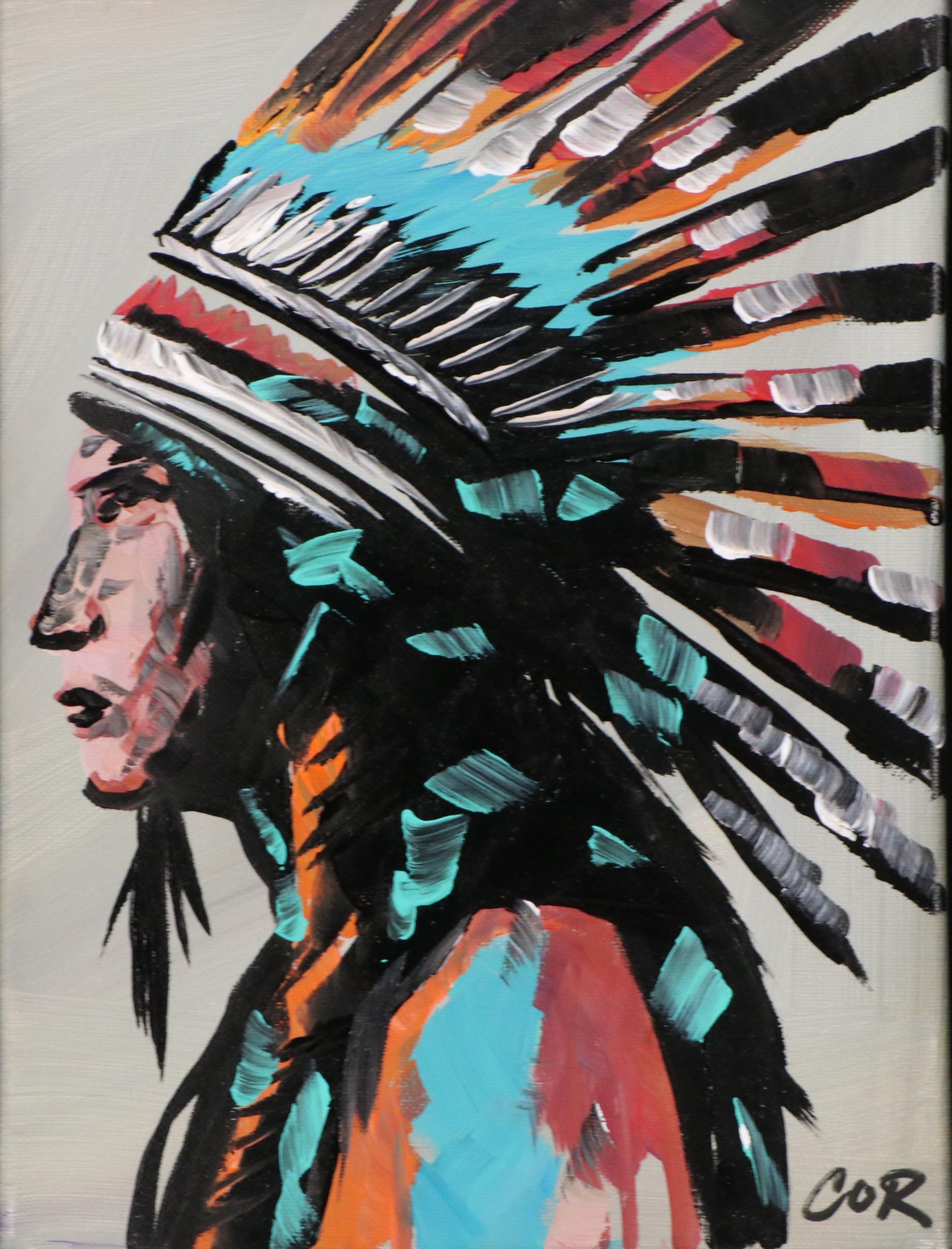 Corbellic Stylized Acrylic Portrait of Native American, 2025