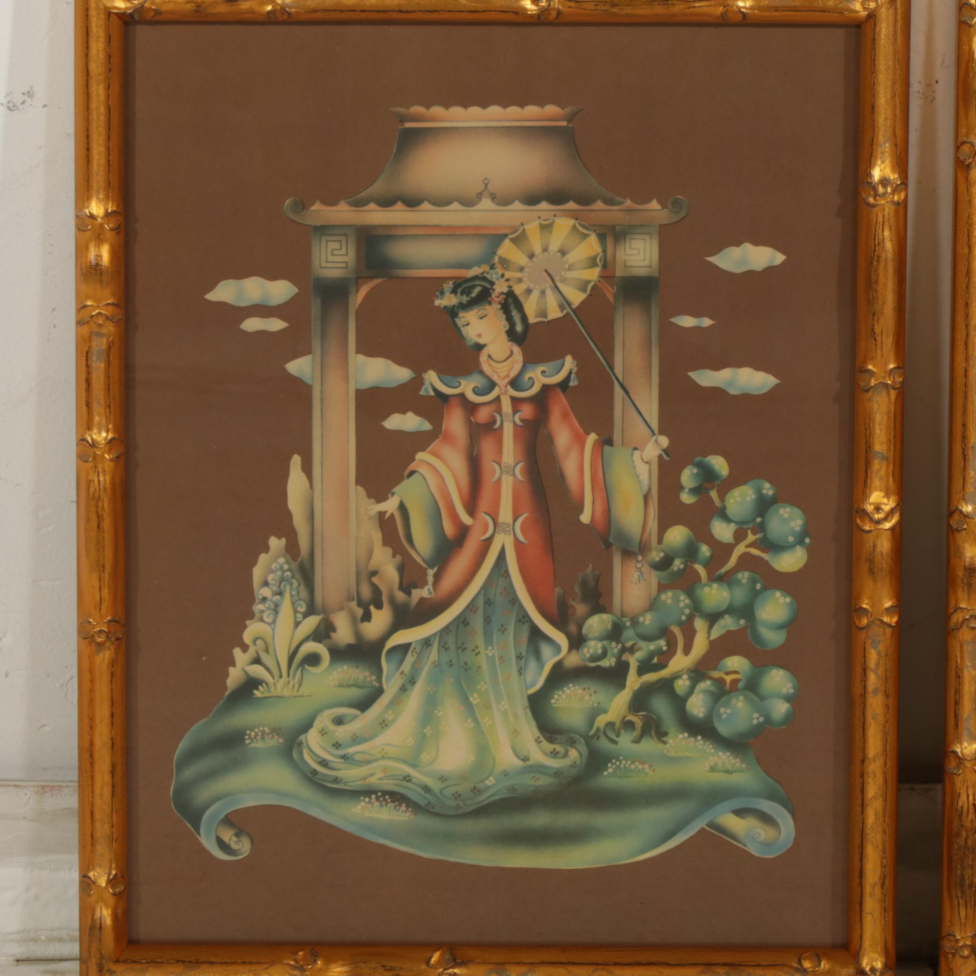 Donald Art Co. Lithographic Images of Asian Pair In Bamboo-Look Gilded Frames