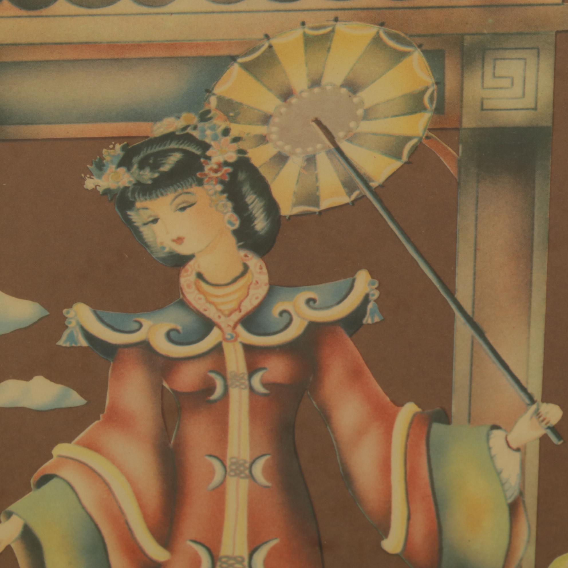 Donald Art Co. Lithographic Images of Asian Pair In Bamboo-Look Gilded Frames