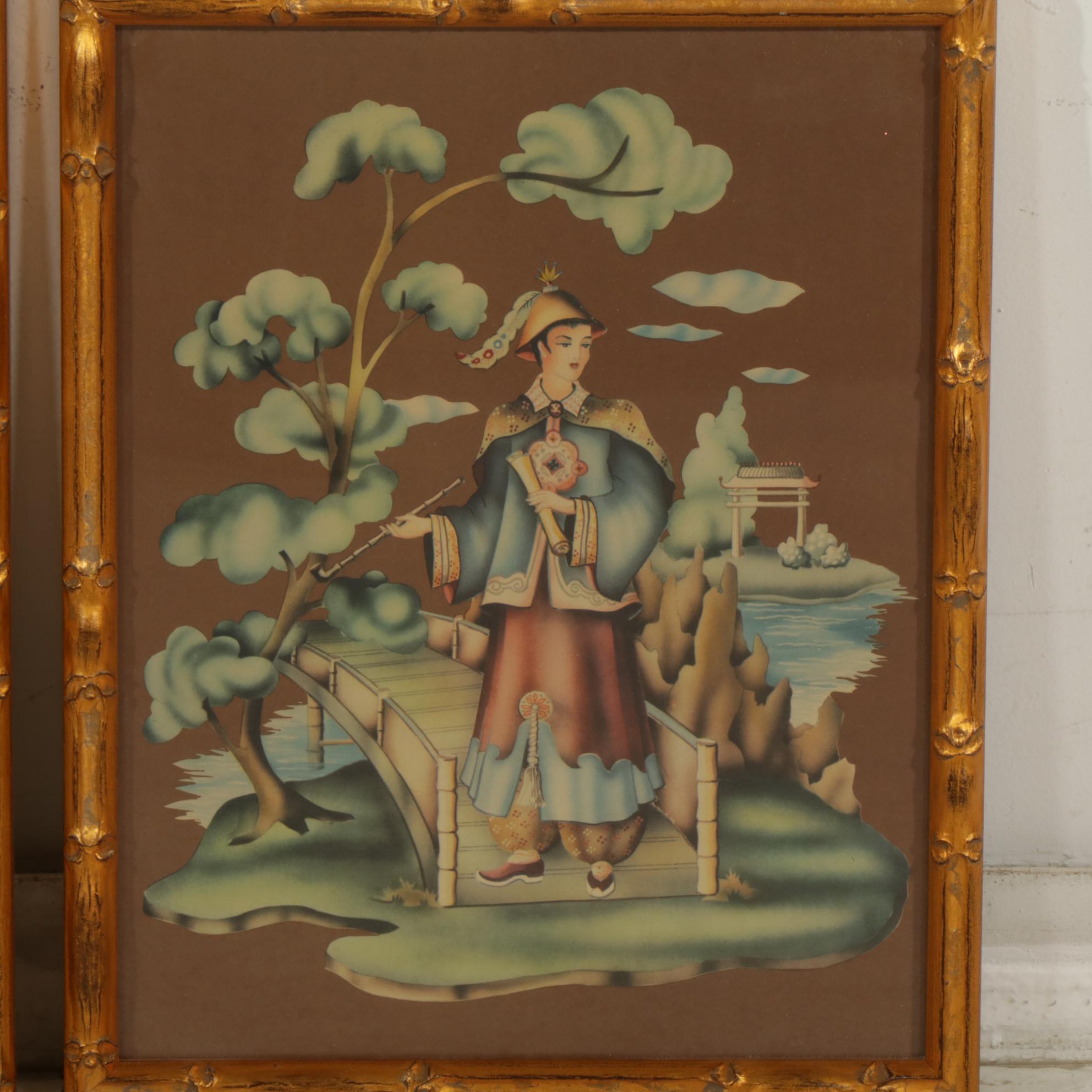 Donald Art Co. Lithographic Images of Asian Pair In Bamboo-Look Gilded Frames