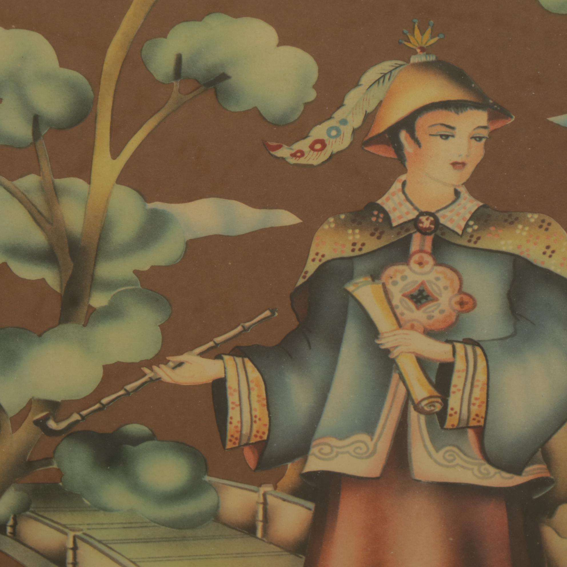 Donald Art Co. Lithographic Images of Asian Pair In Bamboo-Look Gilded Frames