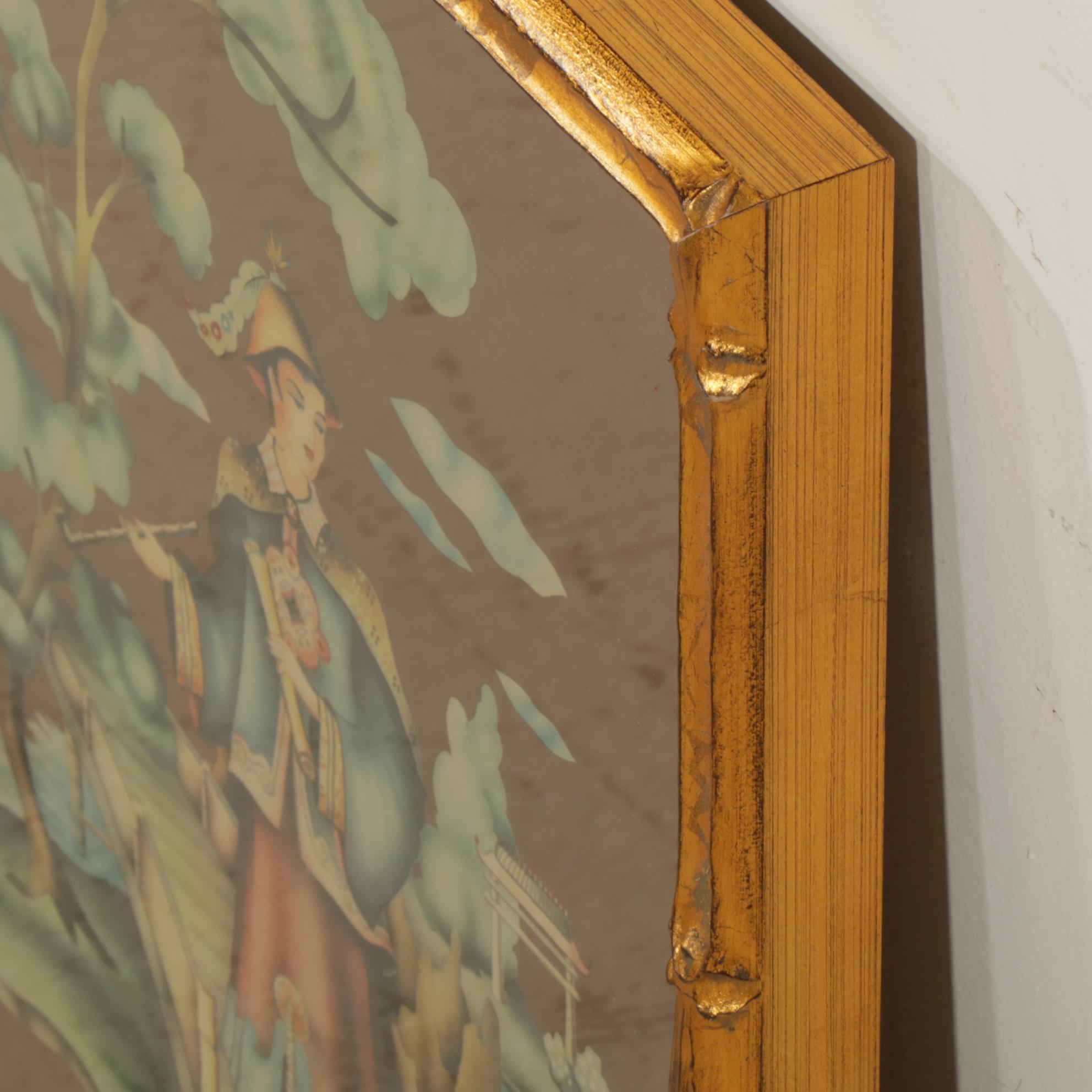 Donald Art Co. Lithographic Images of Asian Pair In Bamboo-Look Gilded Frames