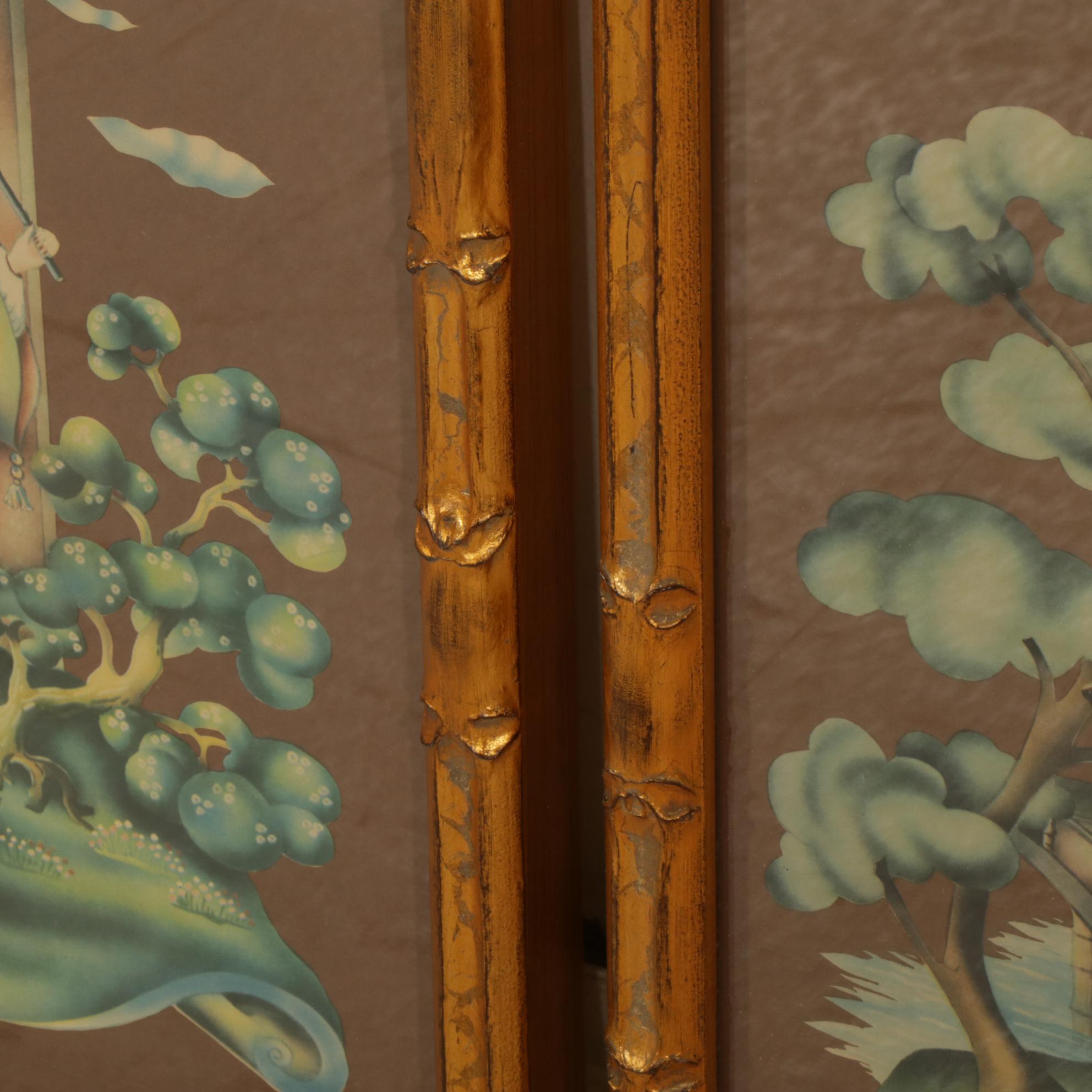 Donald Art Co. Lithographic Images of Asian Pair In Bamboo-Look Gilded Frames