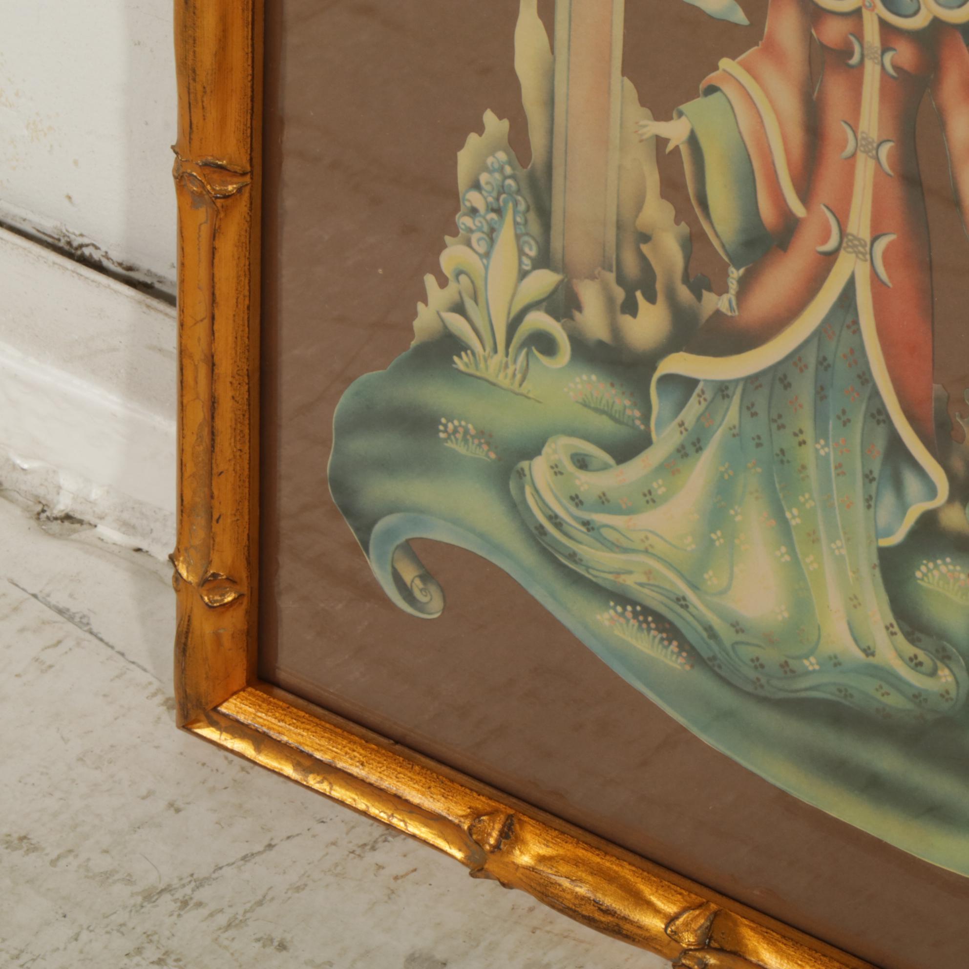 Donald Art Co. Lithographic Images of Asian Pair In Bamboo-Look Gilded Frames