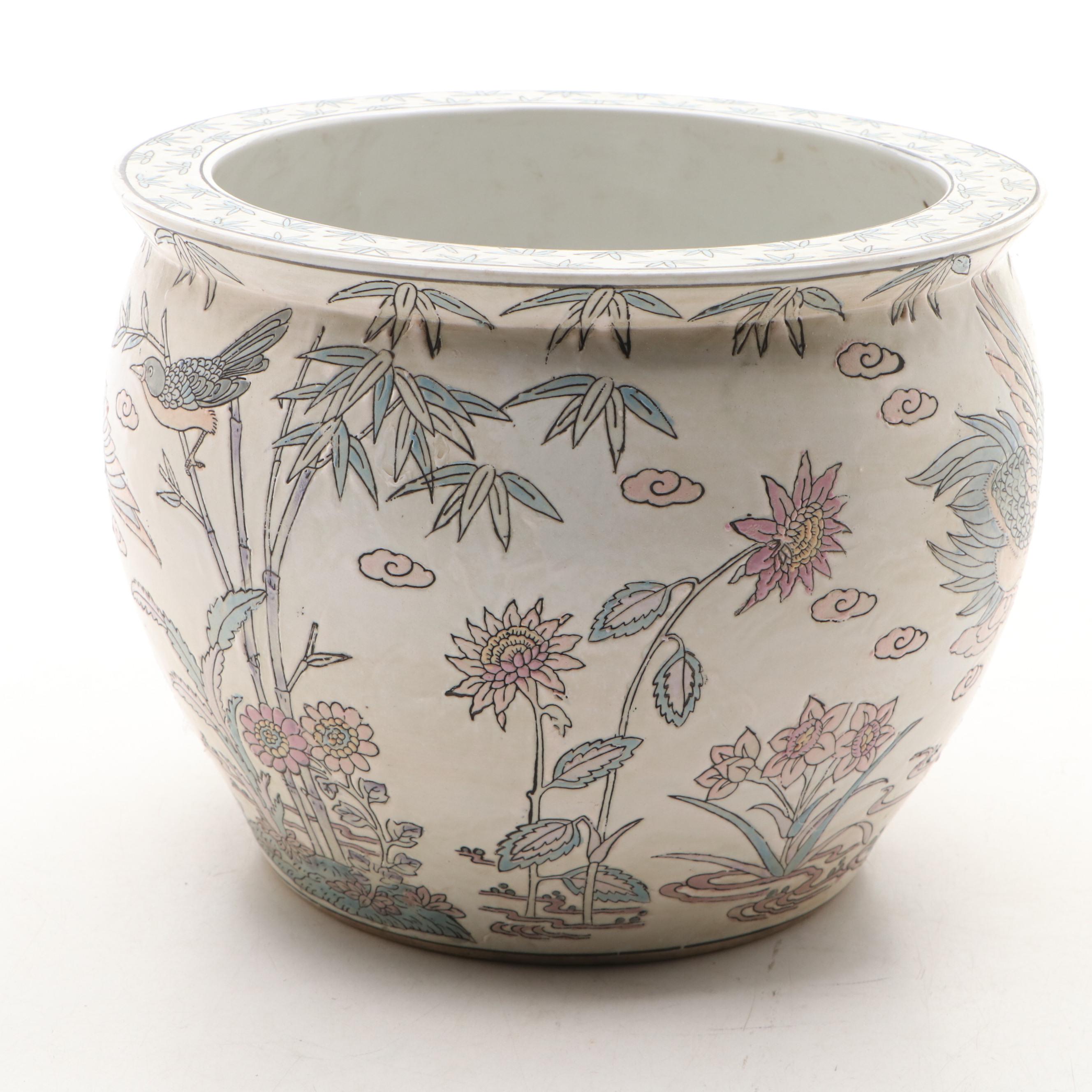 Chinese Ceramic Planter with Heron and Nature Motifs