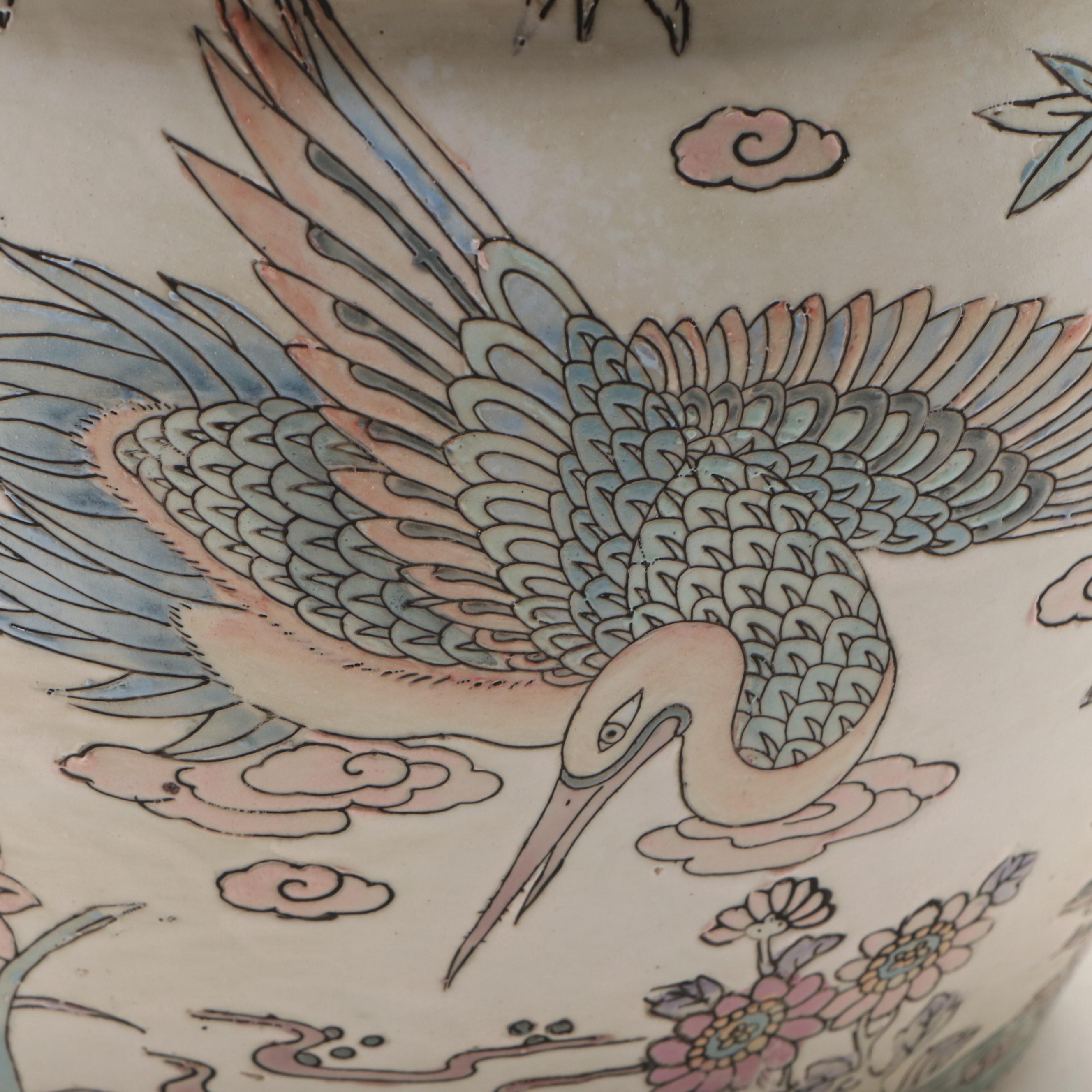 Chinese Ceramic Planter with Heron and Nature Motifs