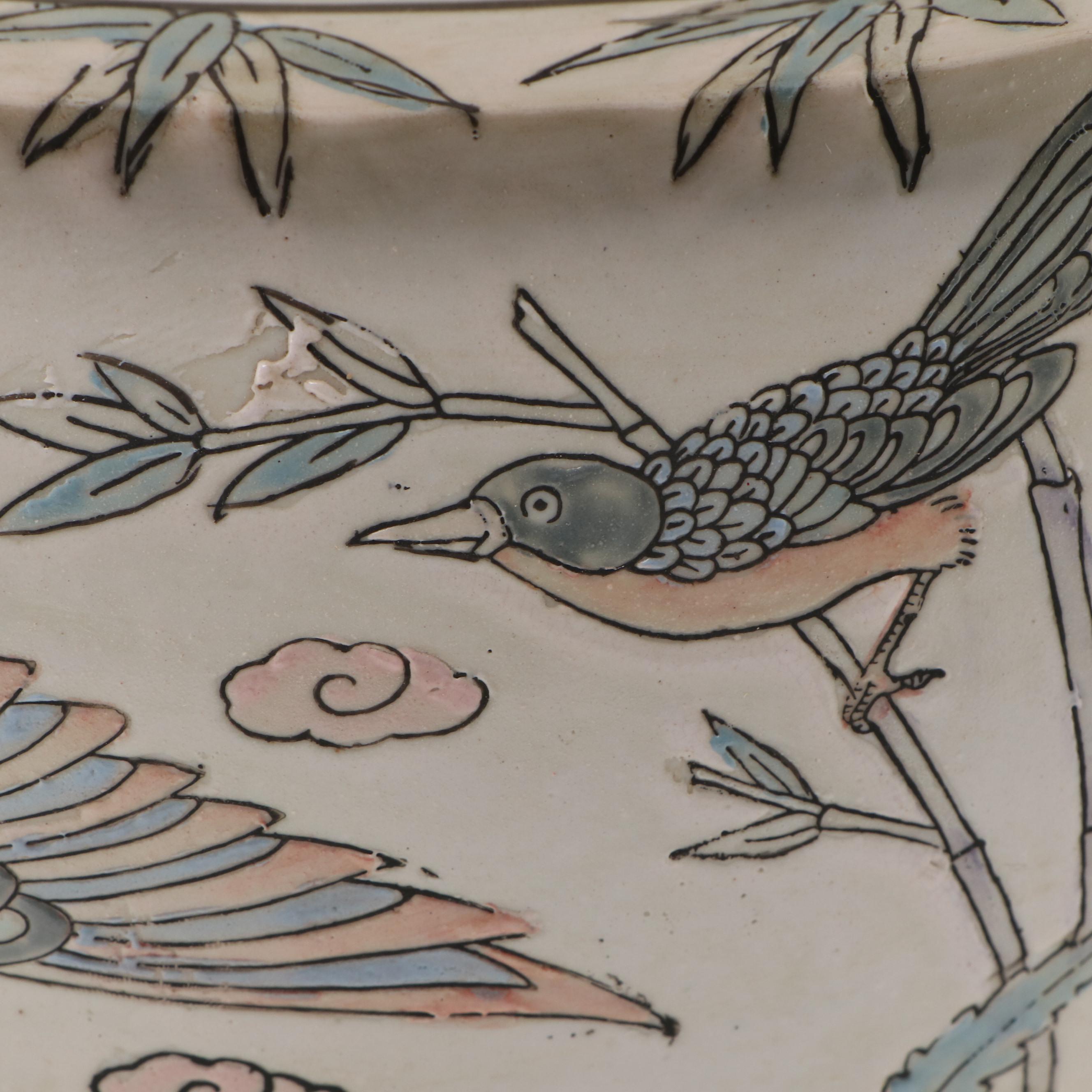 Chinese Ceramic Planter with Heron and Nature Motifs
