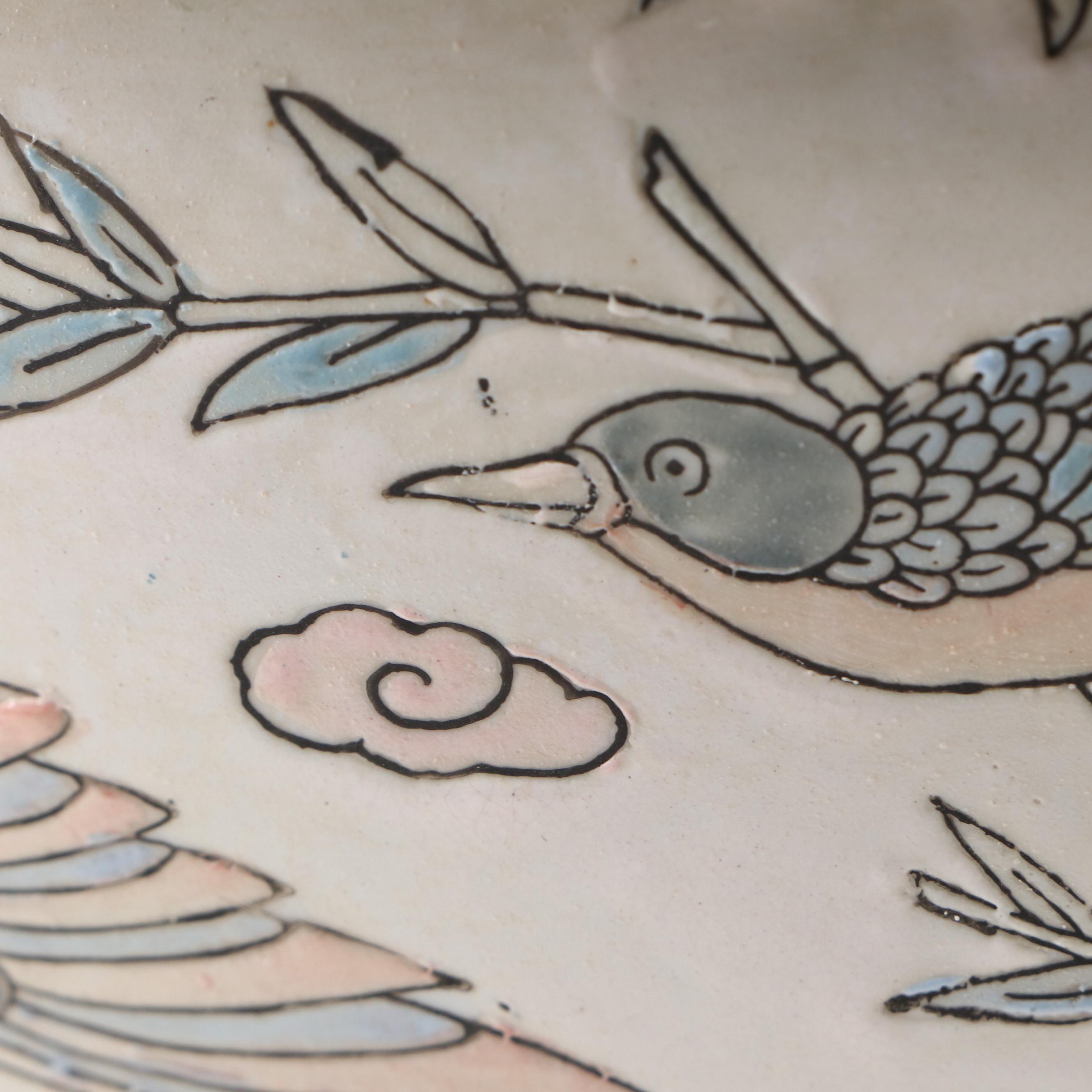 Chinese Ceramic Planter with Heron and Nature Motifs