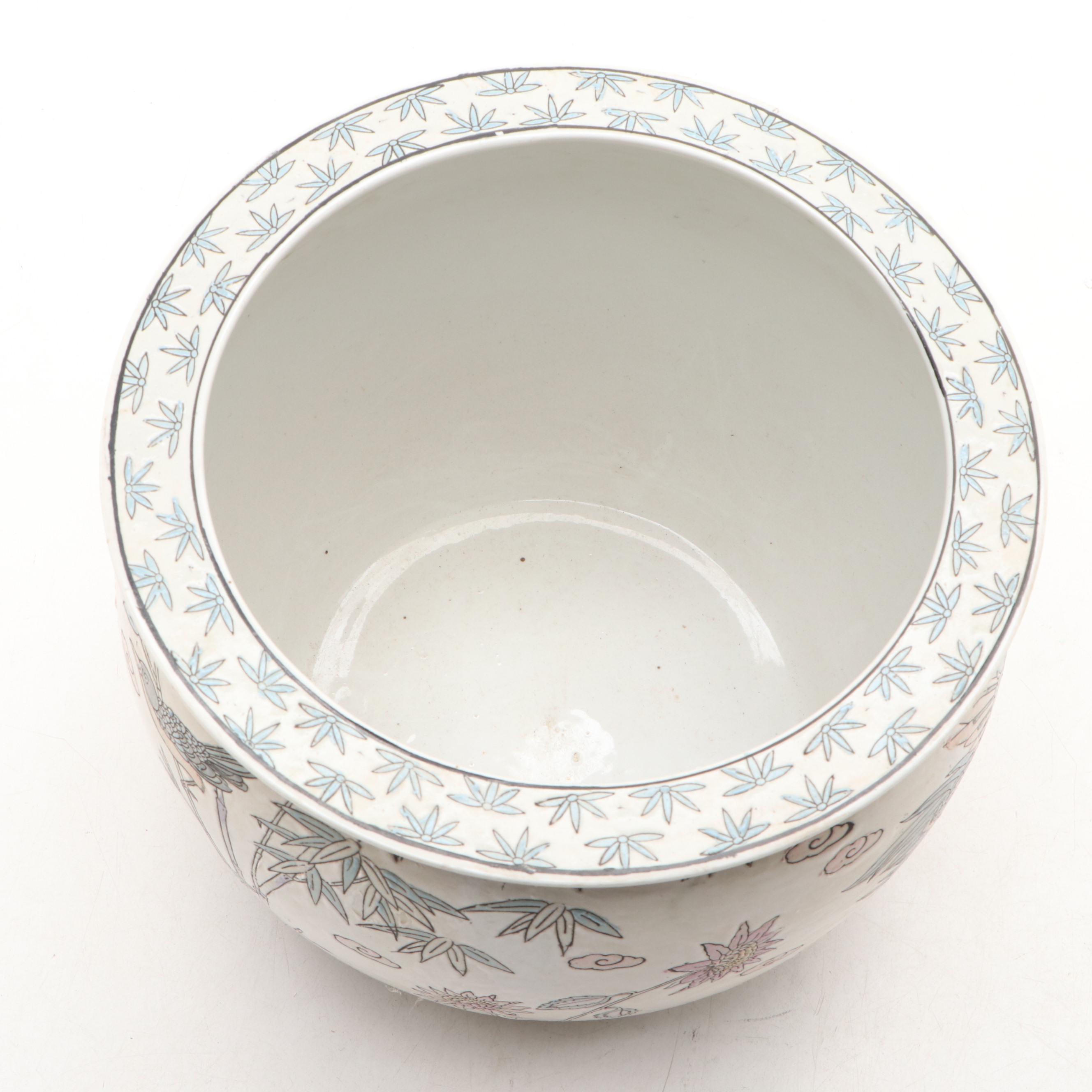 Chinese Ceramic Planter with Heron and Nature Motifs