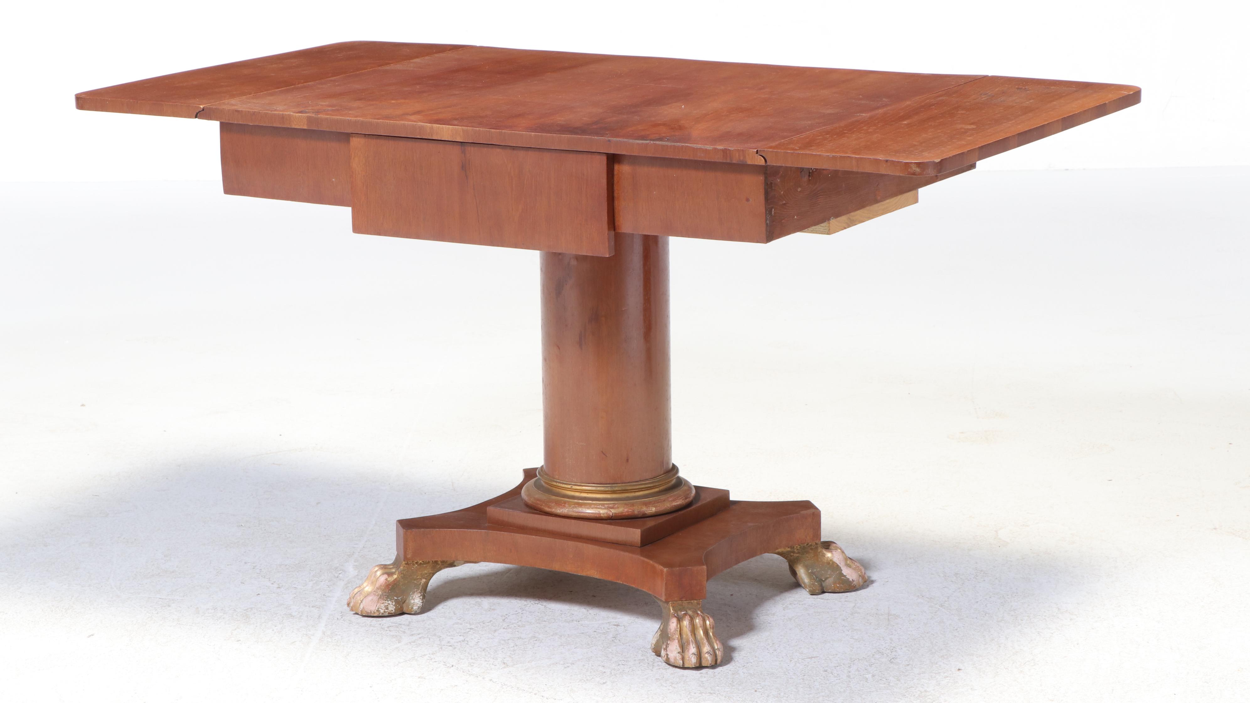 Empire Style Mahogany Drop-Leaf Pedestal Table with Giltwood Claw Feet