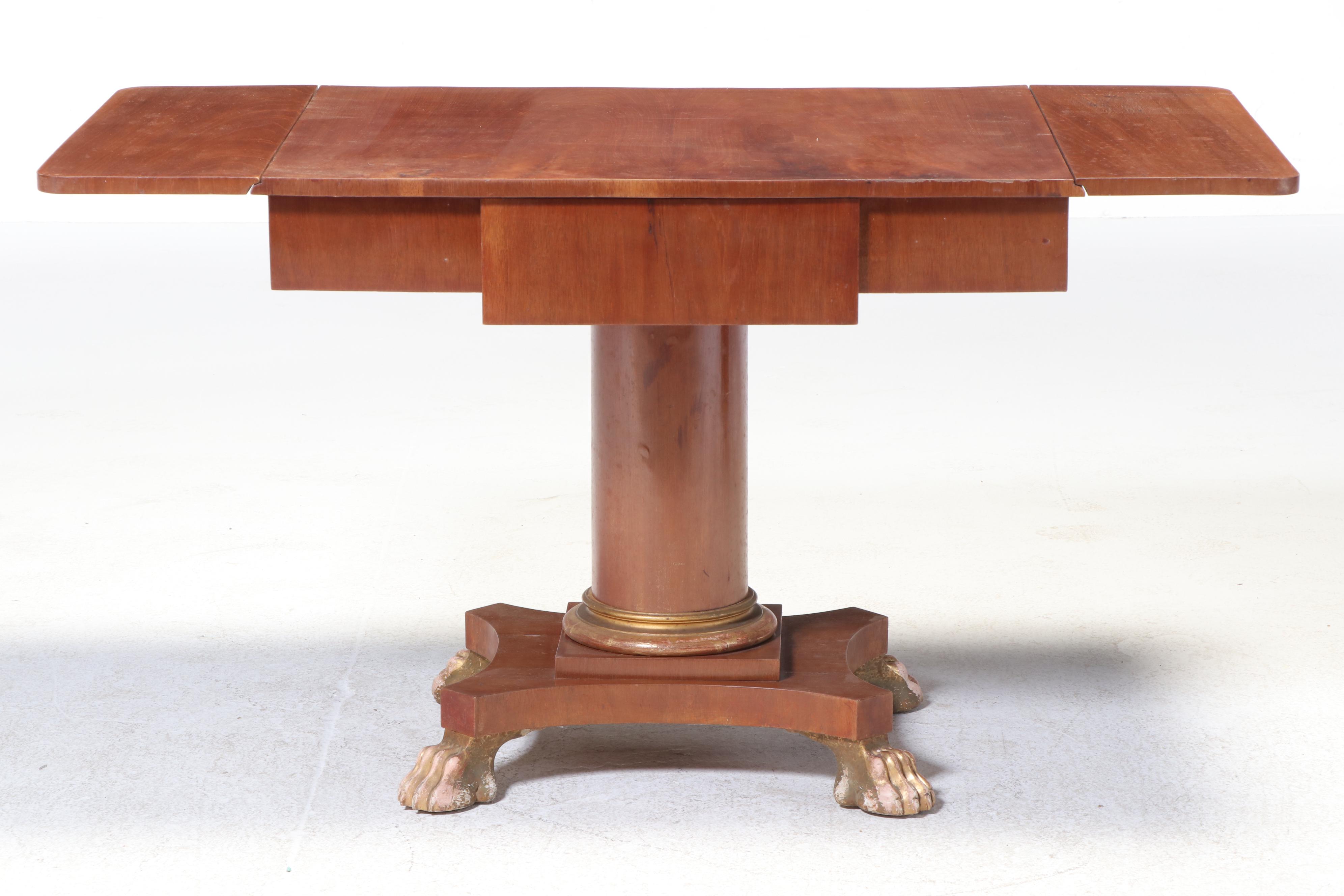Empire Style Mahogany Drop-Leaf Pedestal Table with Giltwood Claw Feet
