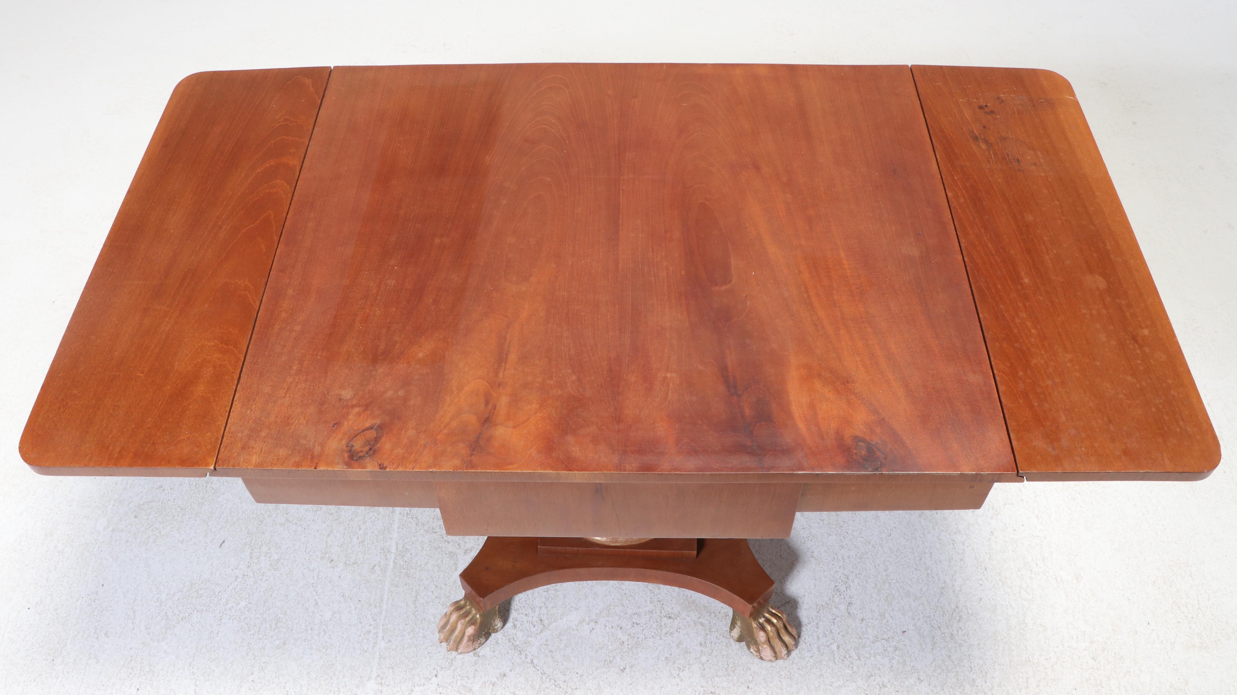 Empire Style Mahogany Drop-Leaf Pedestal Table with Giltwood Claw Feet