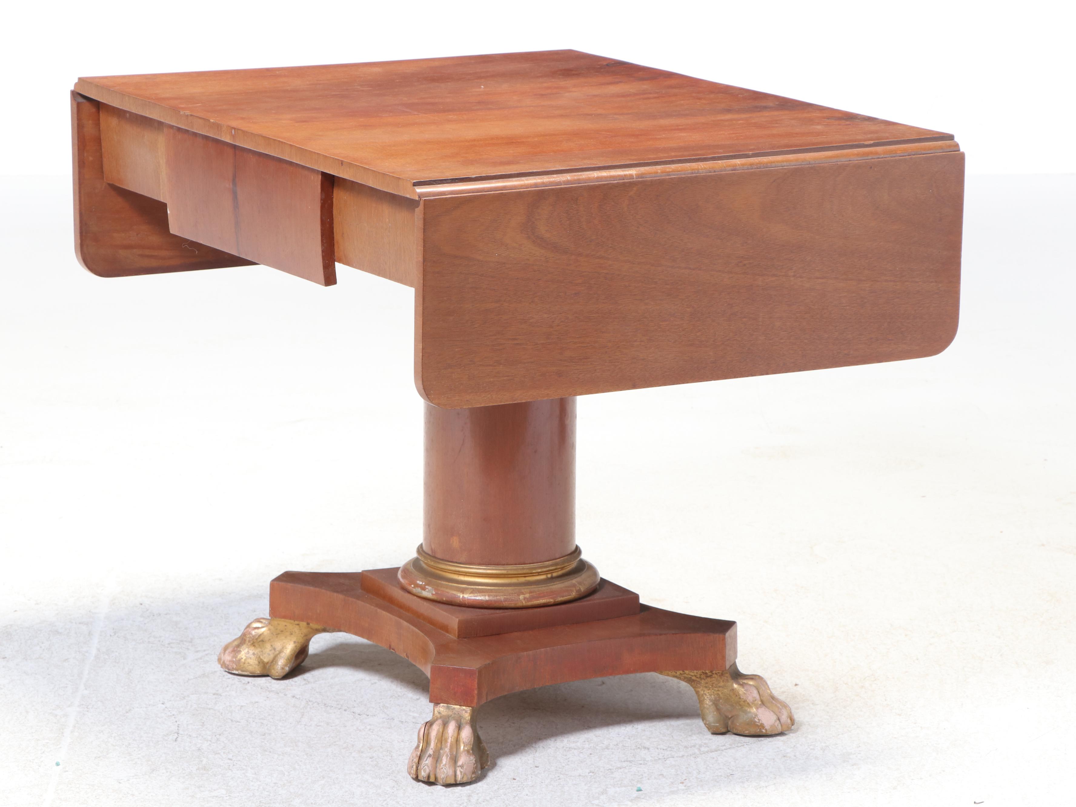 Empire Style Mahogany Drop-Leaf Pedestal Table with Giltwood Claw Feet