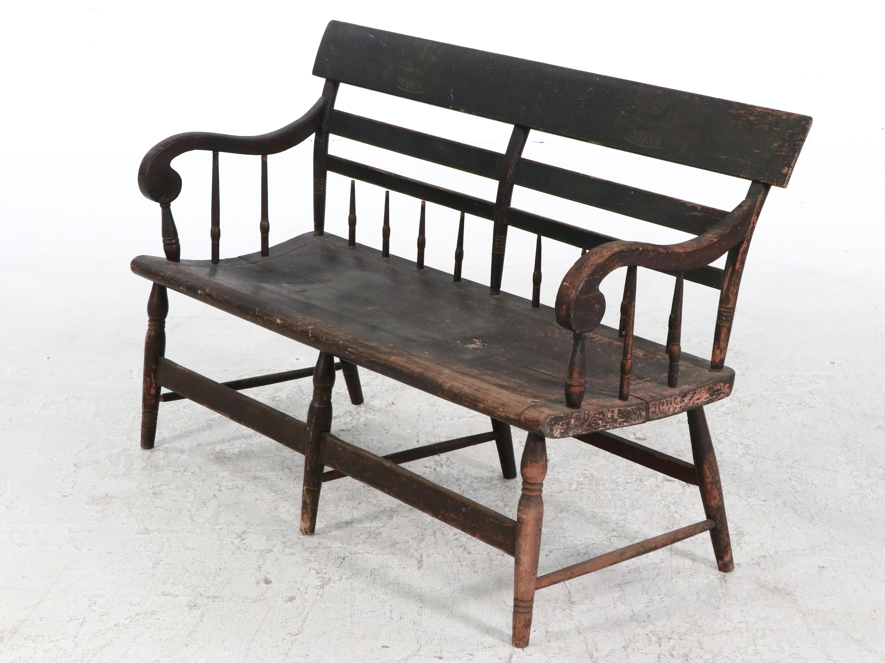 Stencil-Decorated and Painted Wood Deacon's Bench