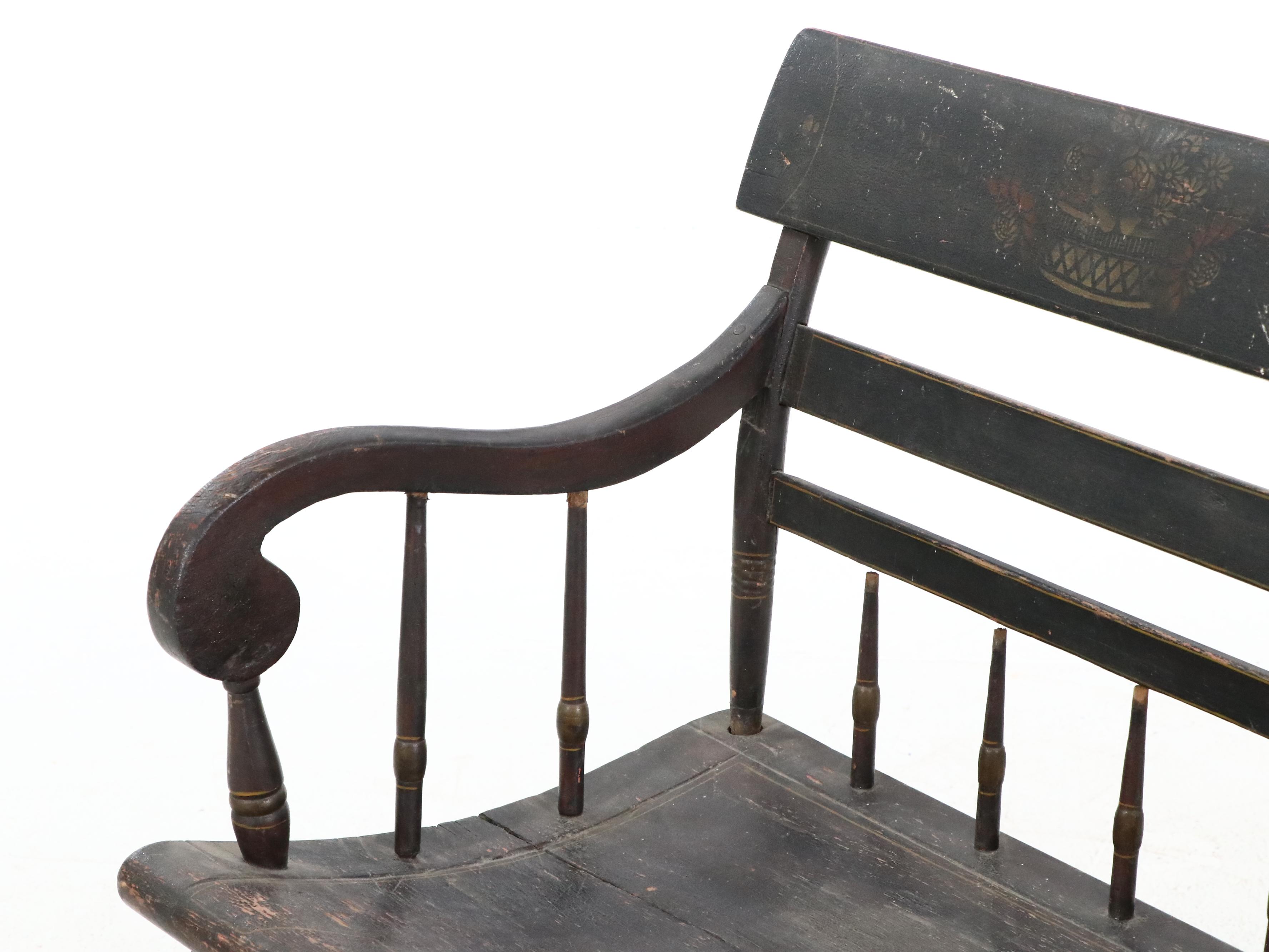 Stencil-Decorated and Painted Wood Deacon's Bench