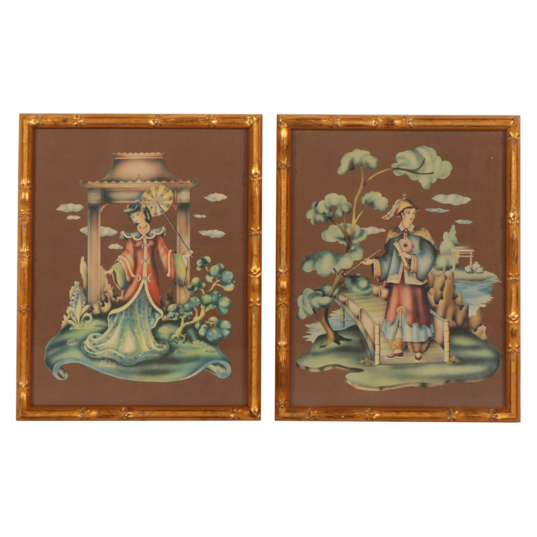 Donald Art Co. Lithographic Images of Asian Pair In Bamboo-Look Gilded Frames