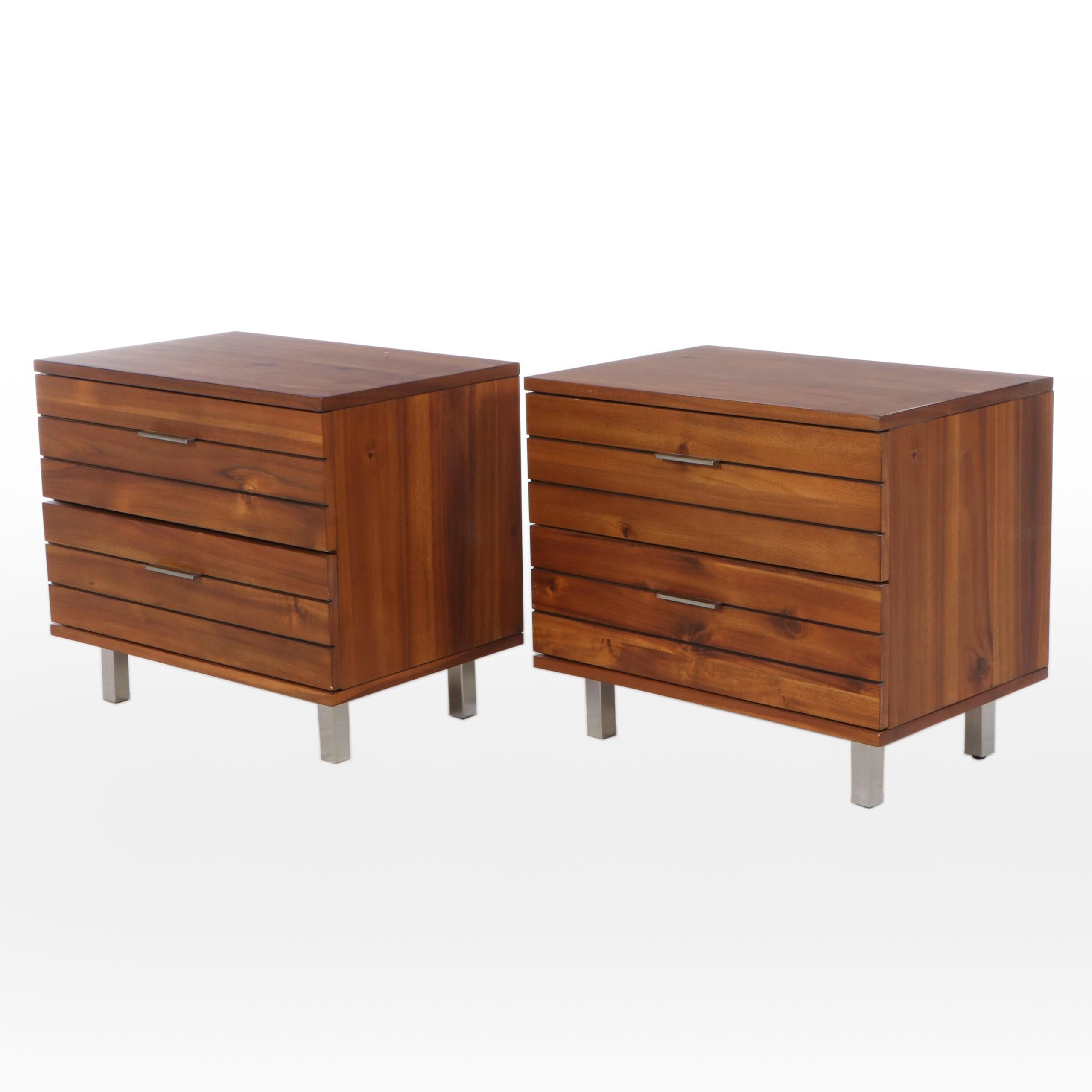 Pair of CB2 "Linear" Acacia-Veneered and Brushed Metal Two-Drawer Nightstands