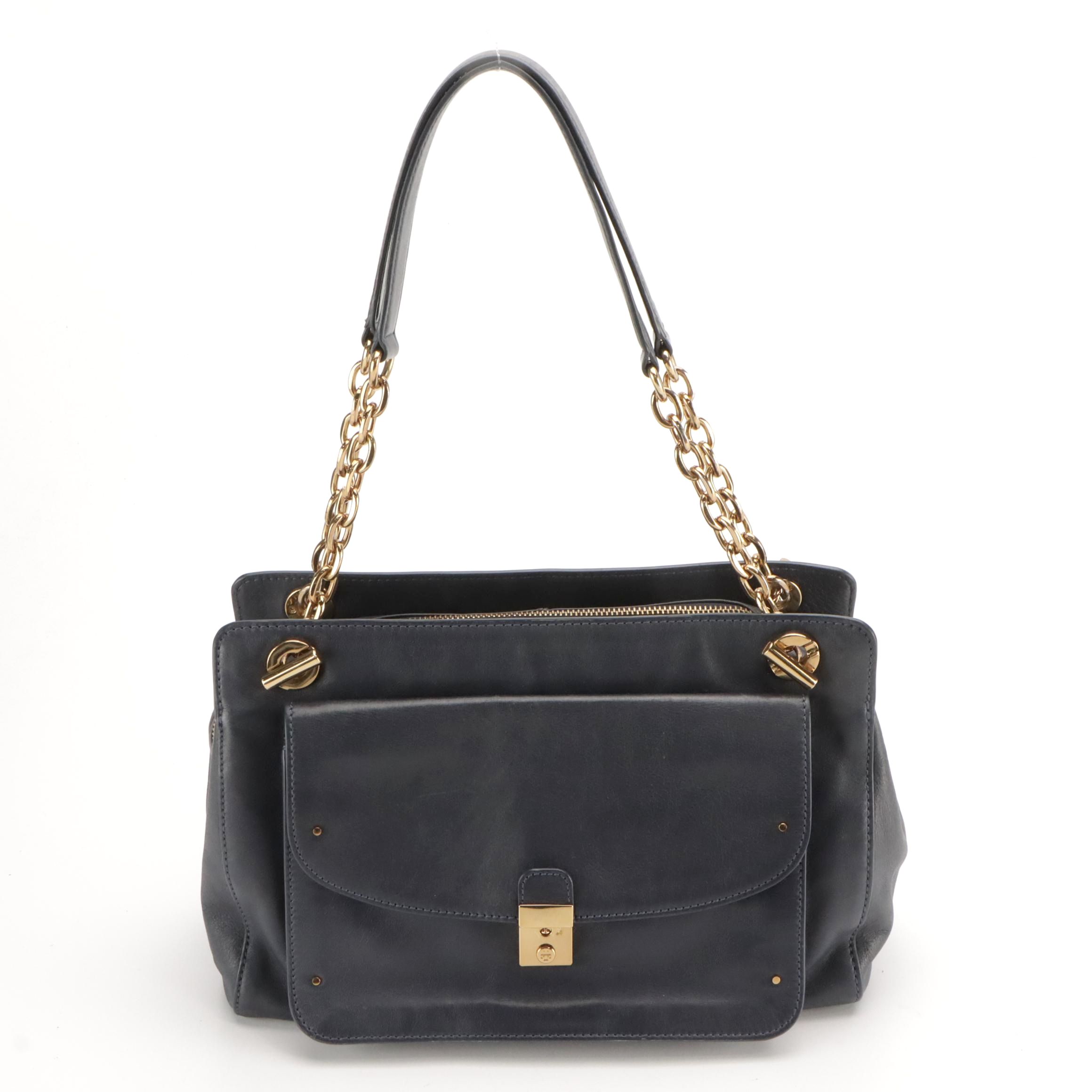 Tory Burch Priscilla Shoulder Bag in Navy Blue Calfskin Leather