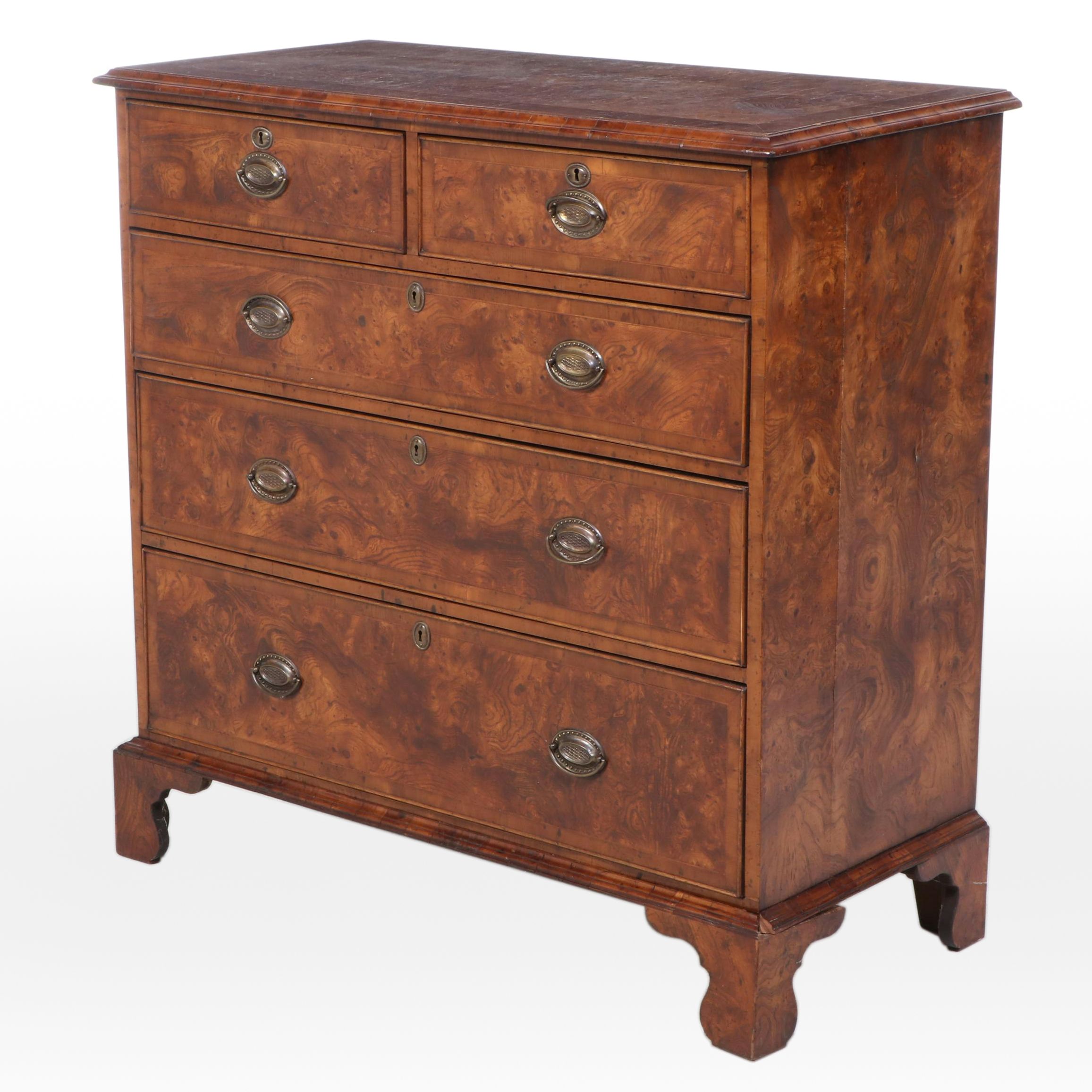 George III Style Burl Mahogany Chest of Drawers, Antique
