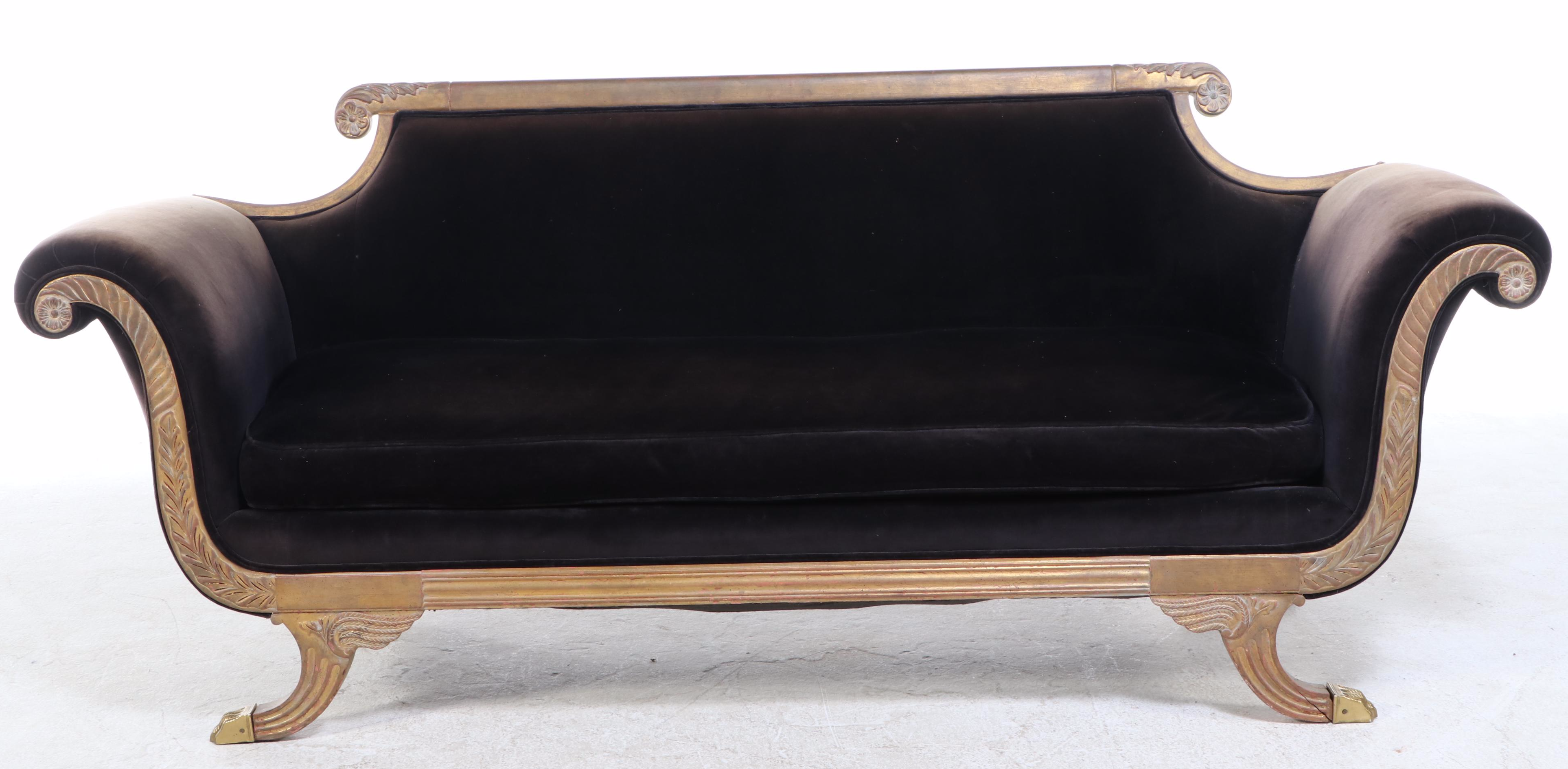 Empire Style Claw Foot Sofa with Velveteen Upholstery, 20th Century