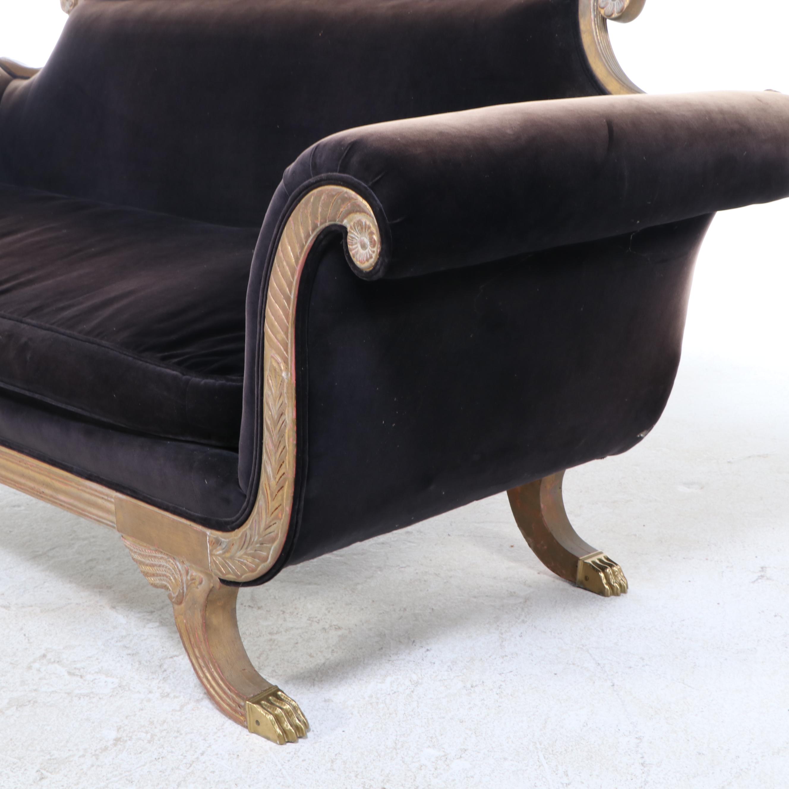 Empire Style Claw Foot Sofa with Velveteen Upholstery, 20th Century