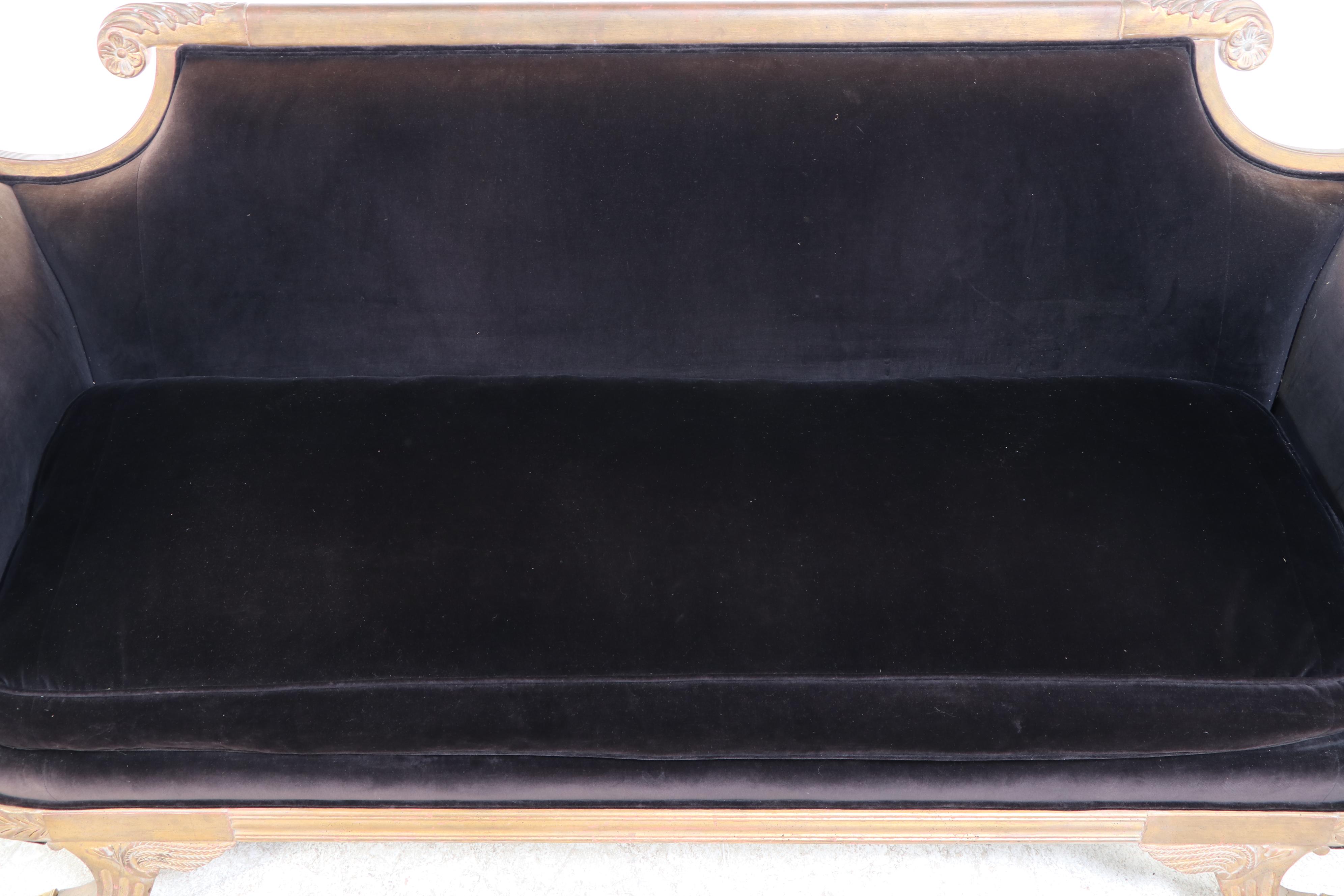 Empire Style Claw Foot Sofa with Velveteen Upholstery, 20th Century