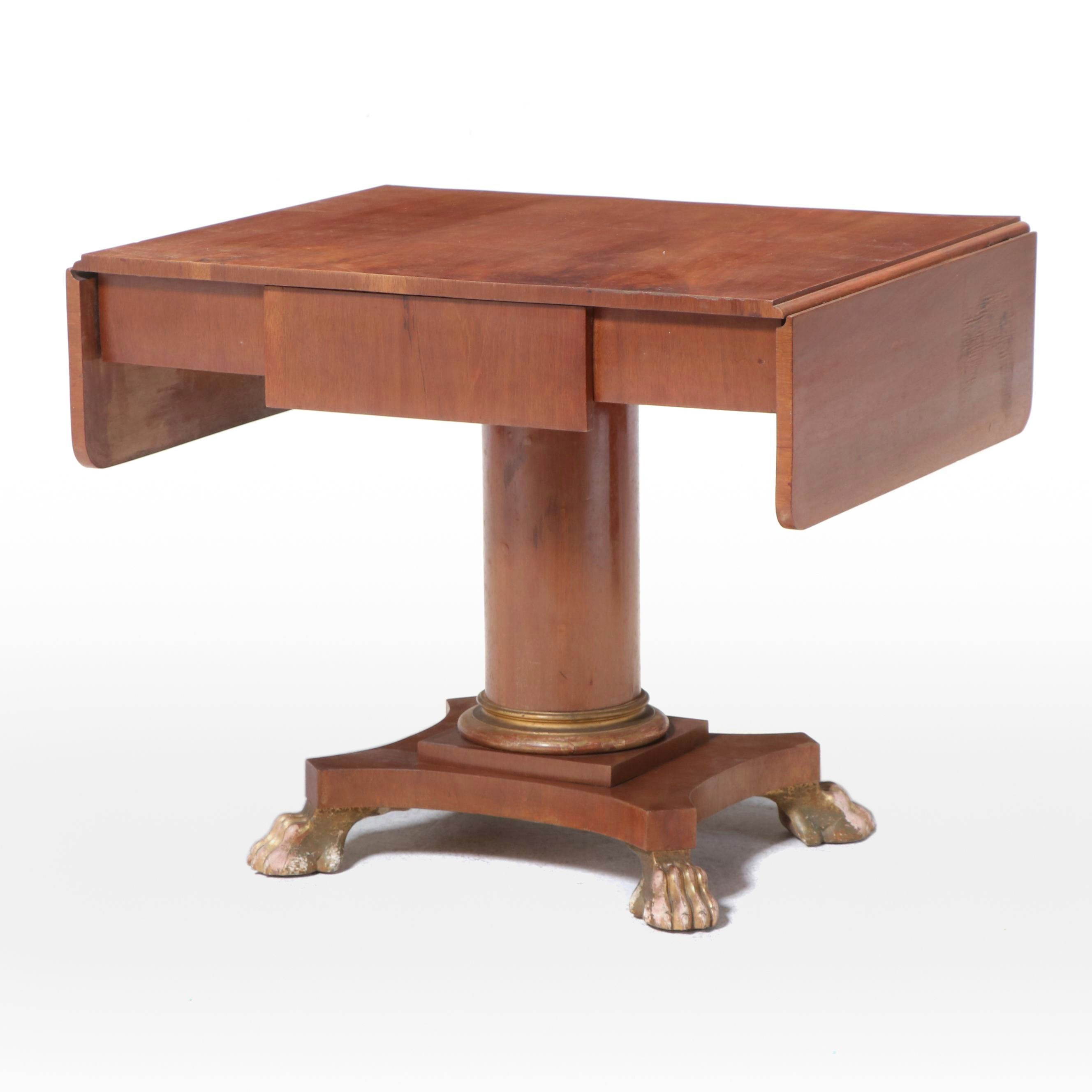 Empire Style Mahogany Drop-Leaf Pedestal Table with Giltwood Claw Feet