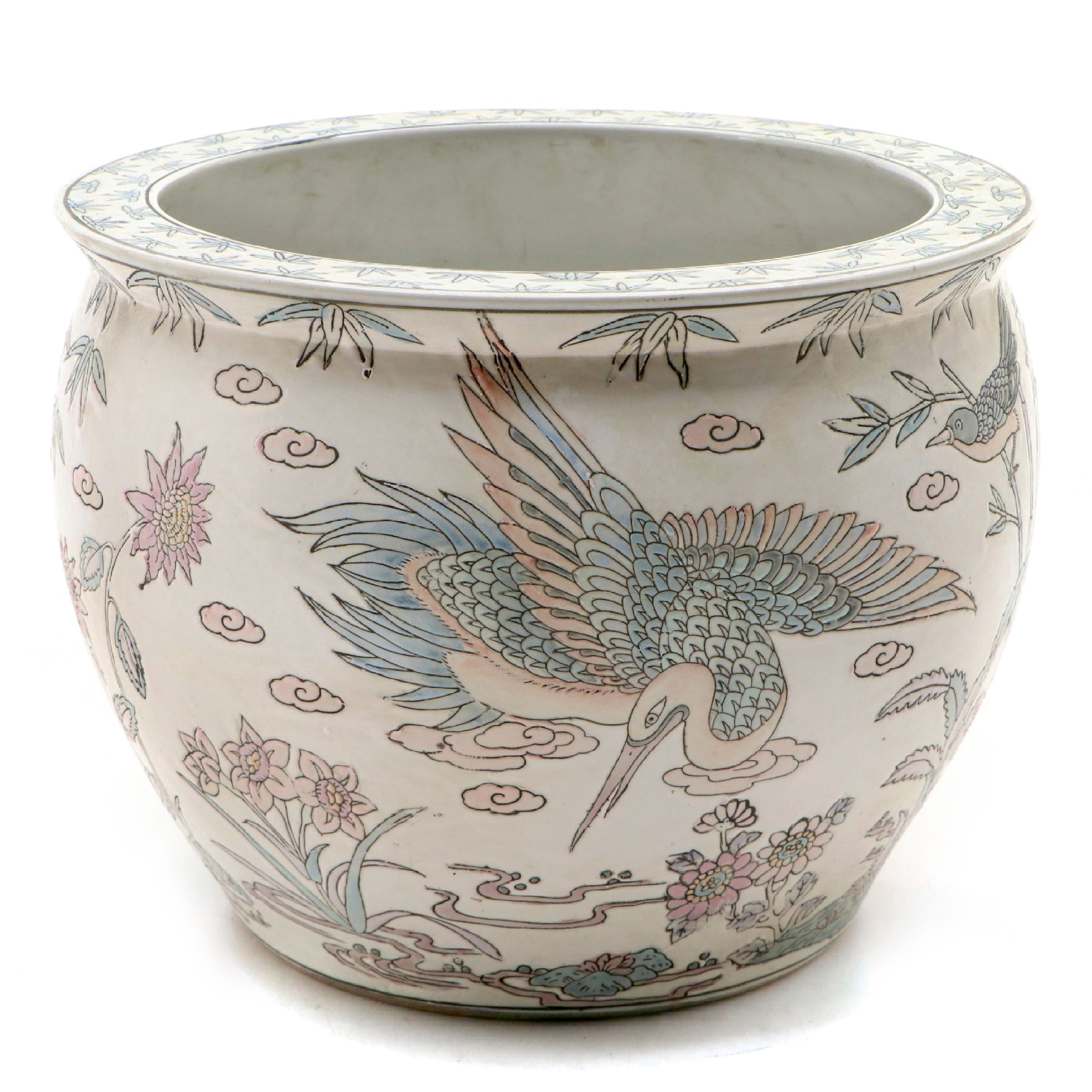 Chinese Ceramic Planter with Heron and Nature Motifs