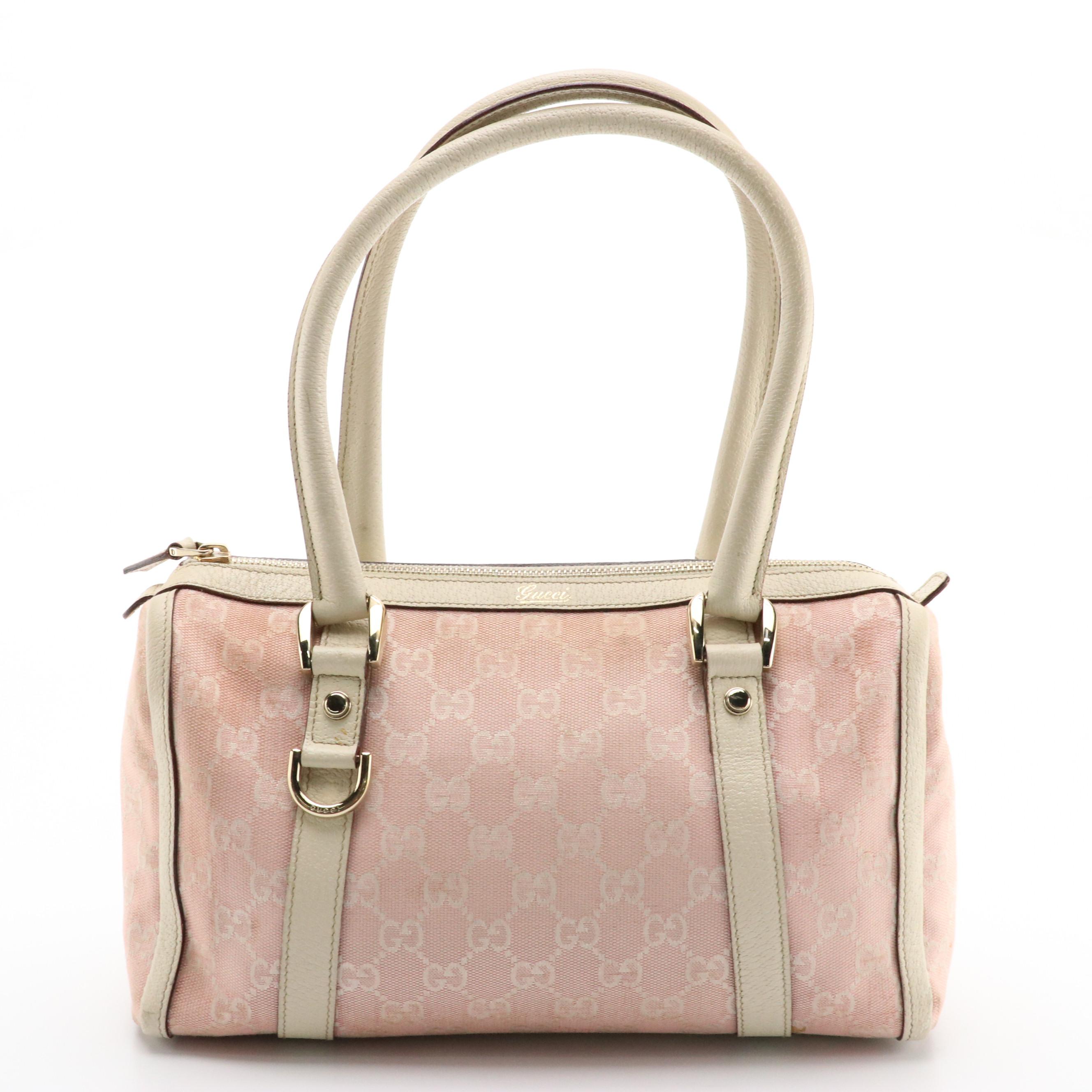 Gucci Pink GG Canvas and Ivory Leather Boston Bag