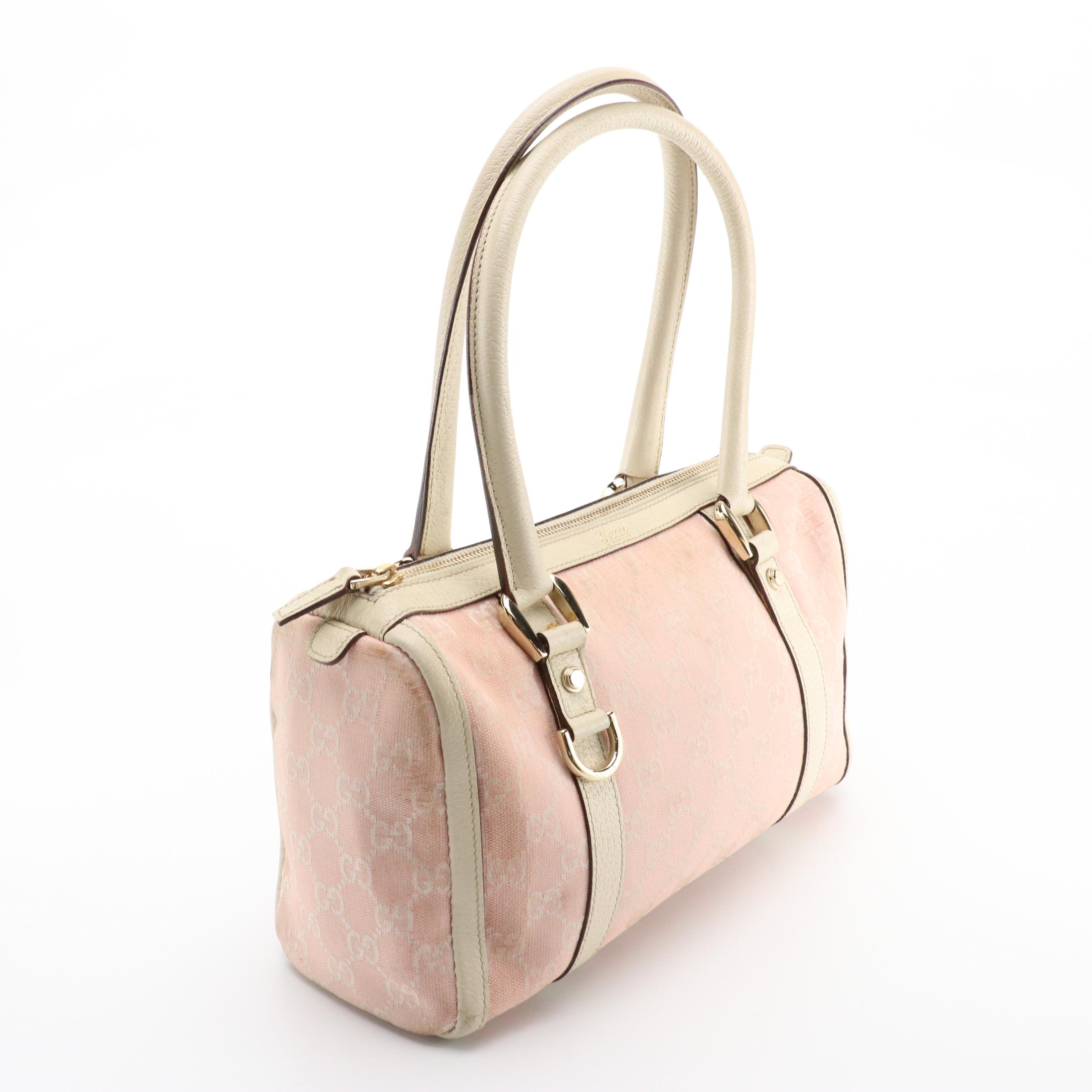 Gucci Pink GG Canvas and Ivory Leather Boston Bag